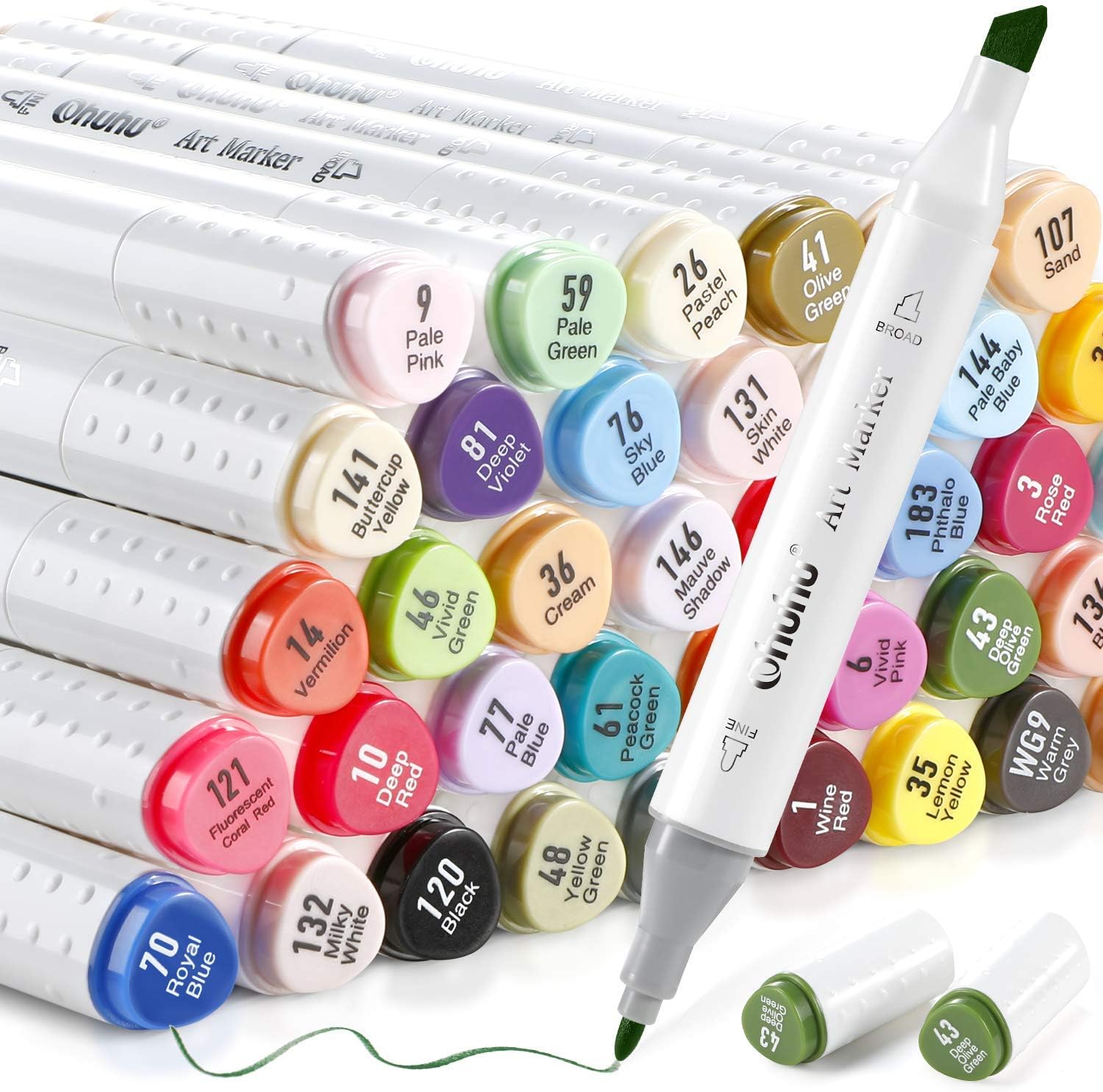 Ohuhu Alcohol Markers, Double Tipped Art Marker Set for Kids Adults Coloring, 60 Well-selected Colors for Manga Comic Illustrations Cartoons +1 Alcohol Marker Blender + Marker Case, Fine & Chisel Tips