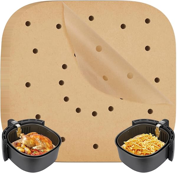 100 Pezzi Carta forno per Friggitrice ad aria,Carta Pergamena Fodera,Realizzato con Pasta di Legno Cruda,Carta per Friggitrice Ad Aria Quadrata,21.6cm Carta Pergamena Perforata per Vapore Friggitrice - 1