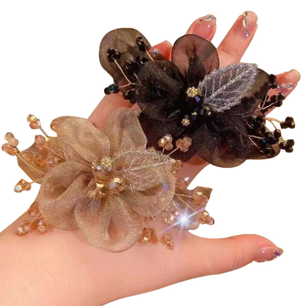 Likeggoad Hair Ties, 2 Pack Mesh Flower Elastic Scrunchies - Black, Champagne - Hair Scarf Ponytail Holder for Women/Girls