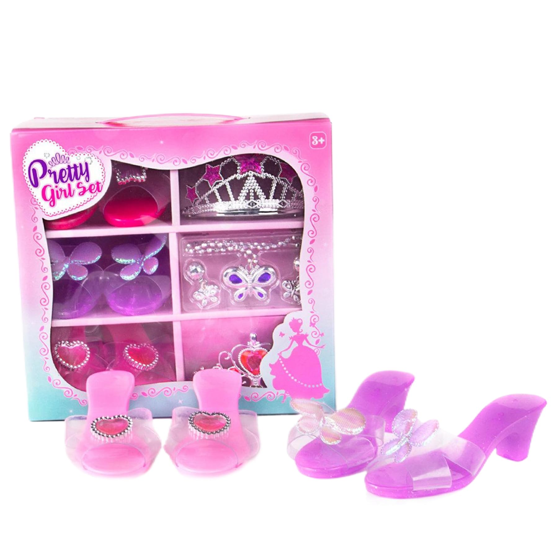 Set mit Prinzessinnen-Anziehschuhen, modisches Prinzessinnen-Anziehzubehör mit Kronen, Halsketten und Ohrringen, niedlichen Kleinkind-Absätzen, Rollenspielkollektion für kleine Mädchen, Kleinkind-Anzi