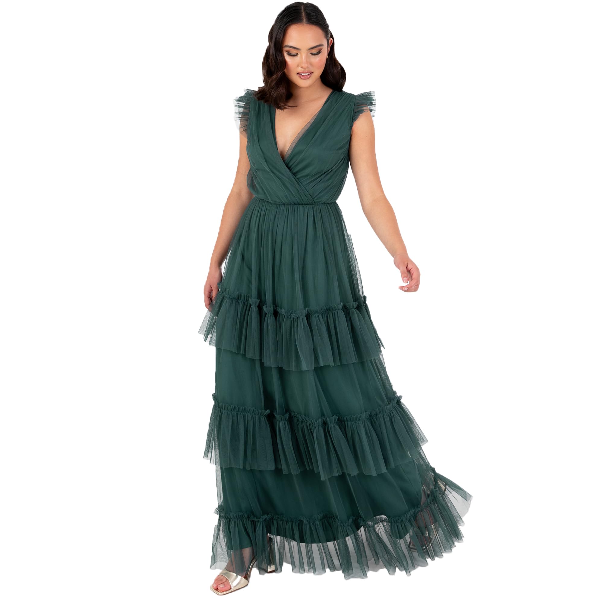 Women's Maxi Dress Ladies Short Sleeve V-Neck Wrap Tiered Ruffle Tulle A-line Wedding Guest Bridesmaid Prom Ball Gown