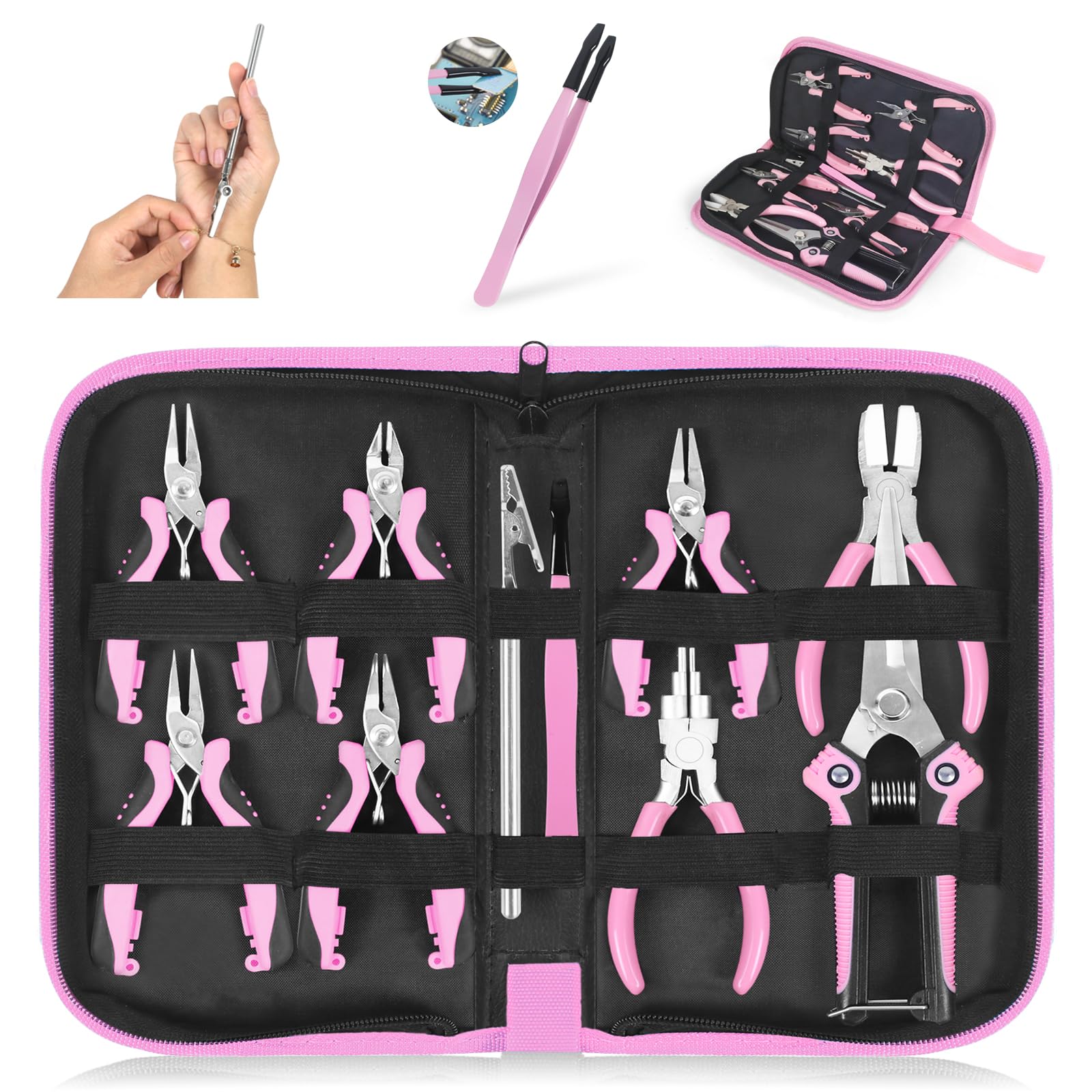 10 Alicates para Joyería - Kit de Herramientas para Hacer Joyas en Acero al Carbono- Herramientas Profesionales de Bisutería para Manualidades de Joyería en Elegante Rosa