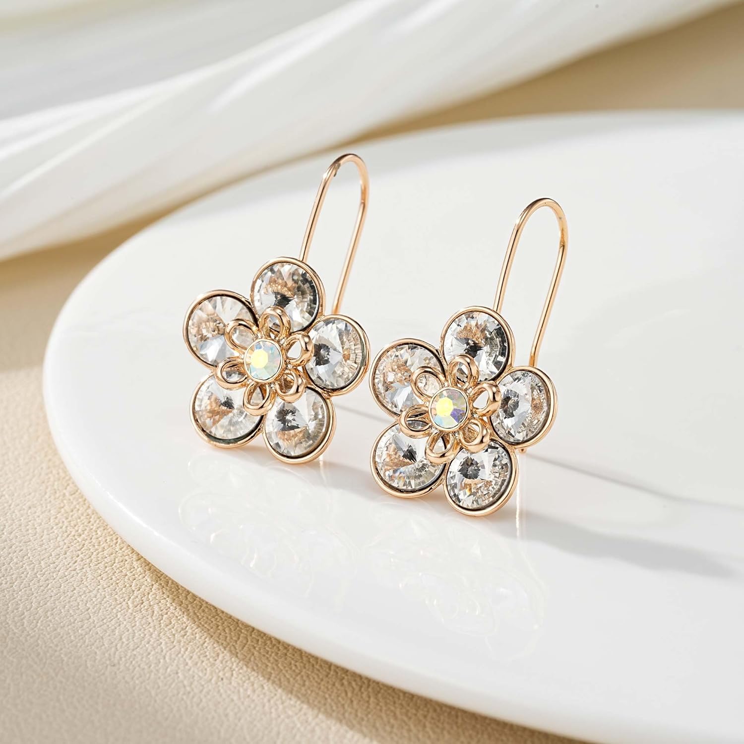 Austrian Crystal Flower Dangle Drop Earrings for Women 14K Gold Plated Hypoallergenic Hook Earrings Jewelry - Image 3