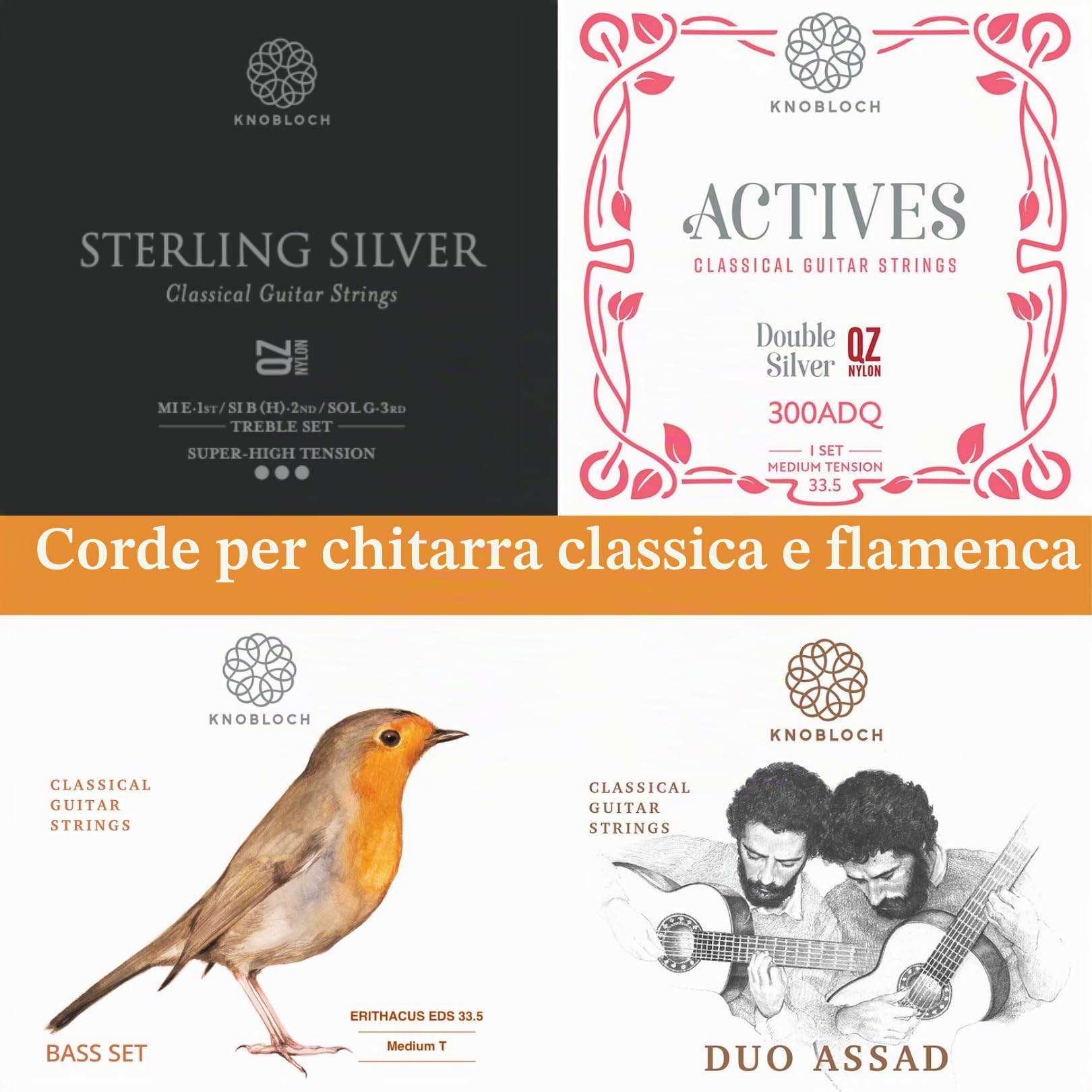 KNOBLOCH Strings - Corde per chitarra spagnola, EDC34.0 ERITHACUS doppio argento | tensione medio-alta | bassi caldi e alti luminosi | suono lirico e naturale | gioco corde fiamminga e classico