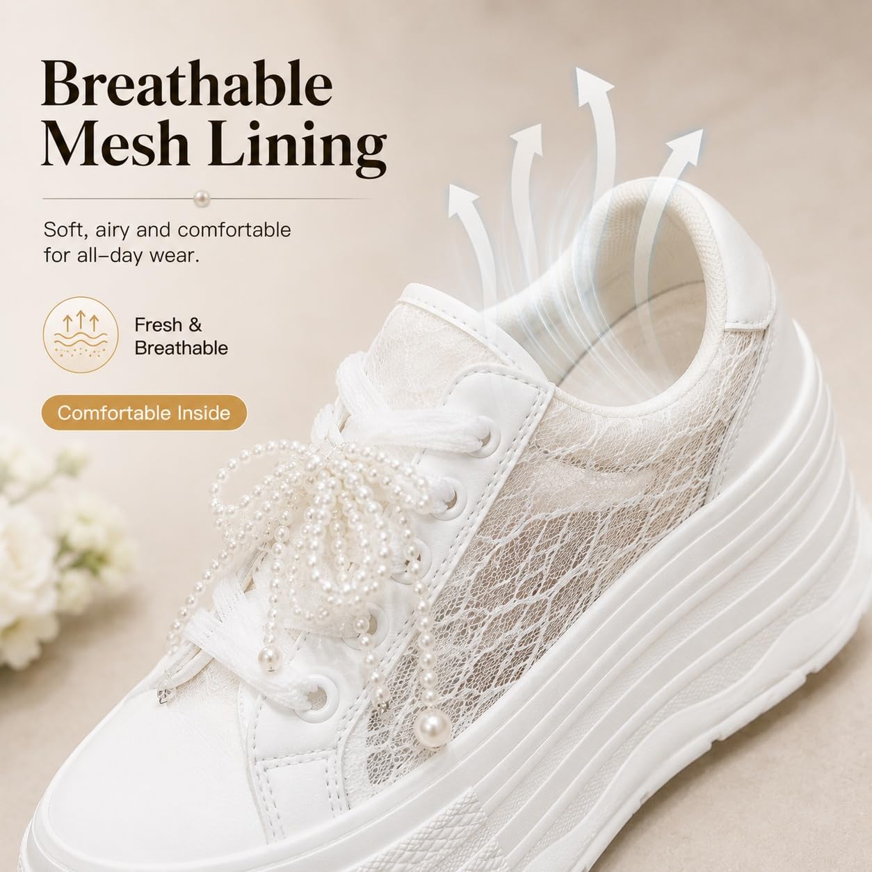 ENEN Zapatillas Mujer Encaje Perla