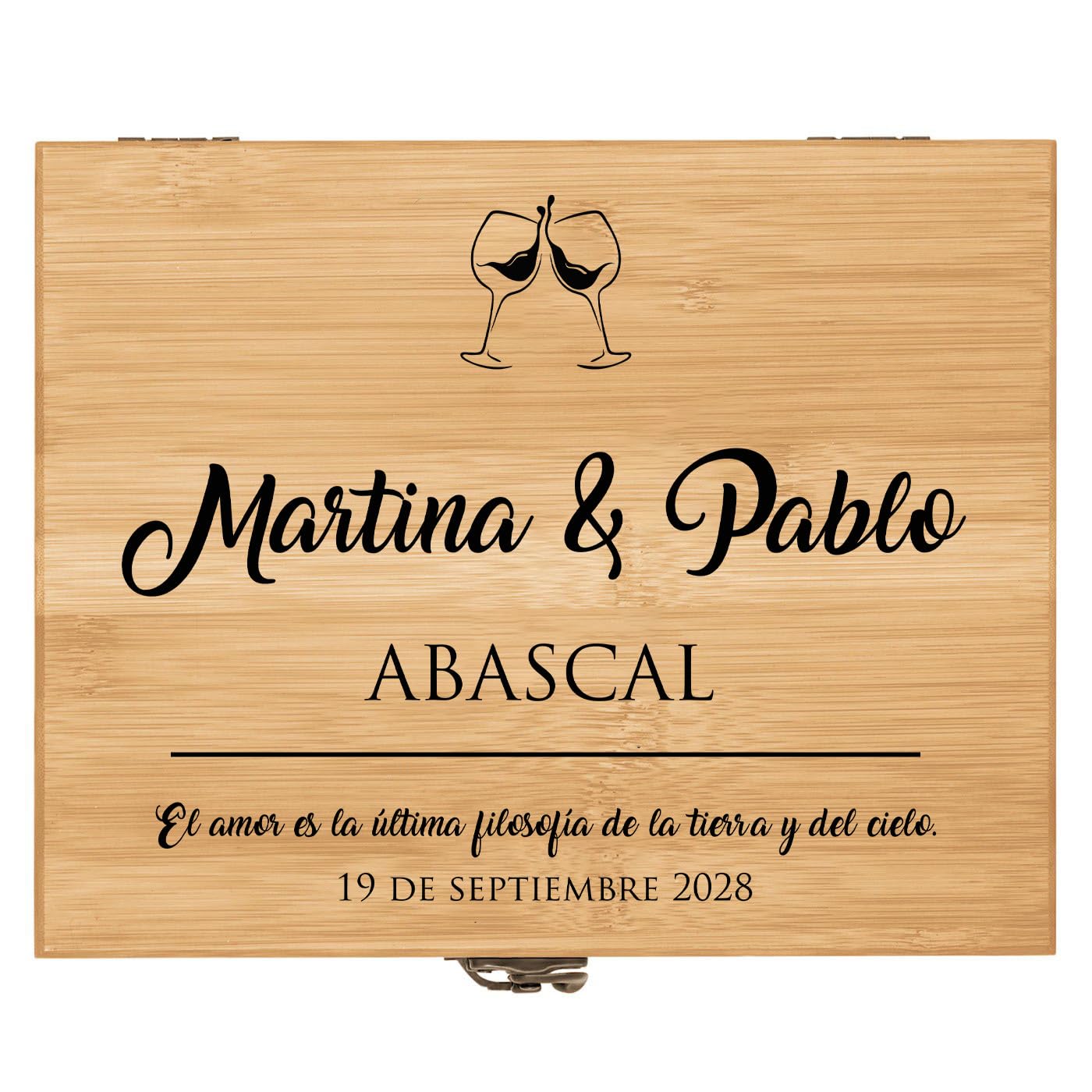 Maverton Set de Vino Personalizado - Regalos Originales para Hombre y Mujer - Caja de Bambú con Tapa - Incluye Tapones Sacacorchos Termómetro y Anillo Antigoteo - Para Aniversario Boda Parejas - Cielo