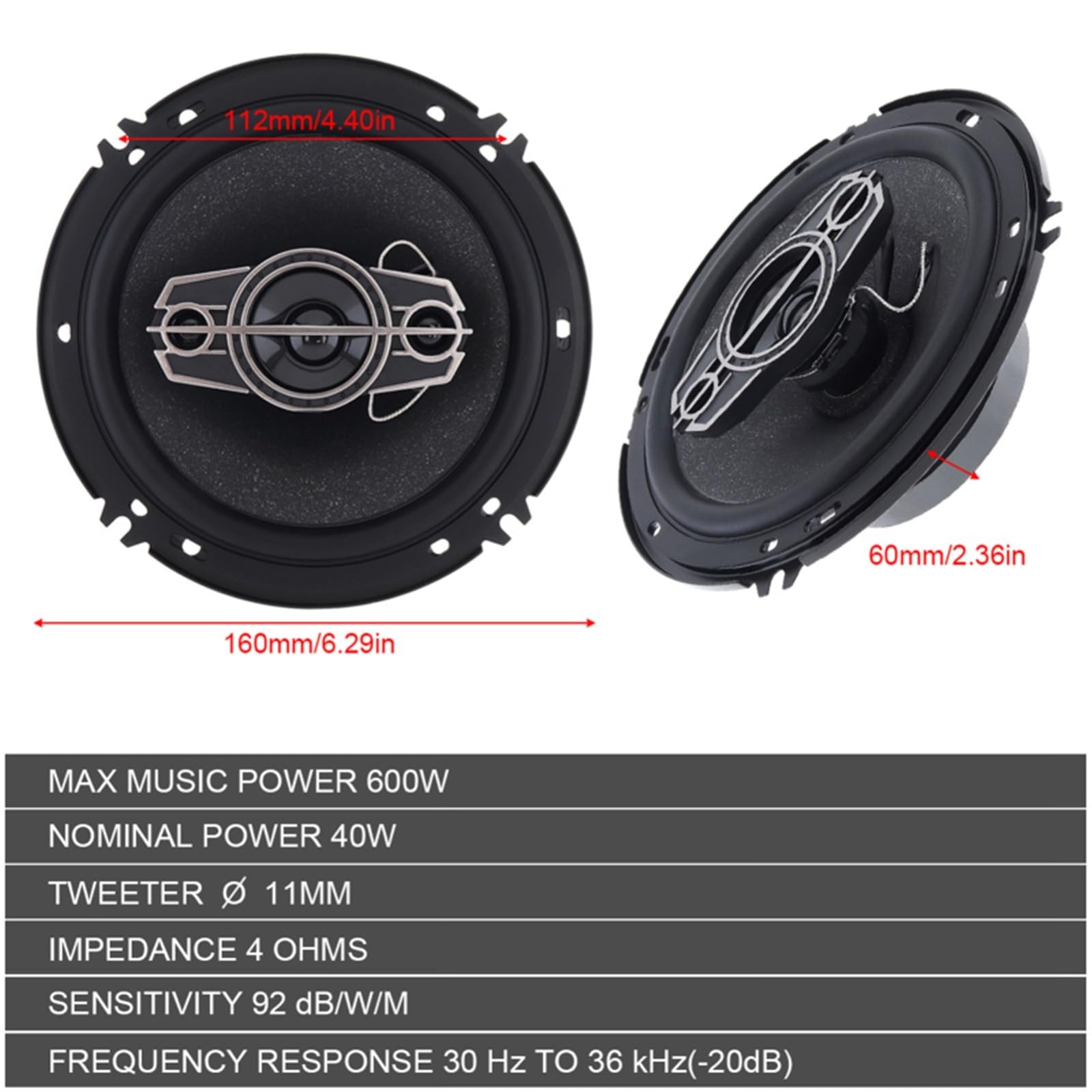 Tweeter Tweeters para Coche Par de Altavoces estéreo para Puerta de Coche de 6 Pulgadas, 600 vatios máximo, tweeters de Audio de Rango Completo de 4 vías, Altavoces para Coche.