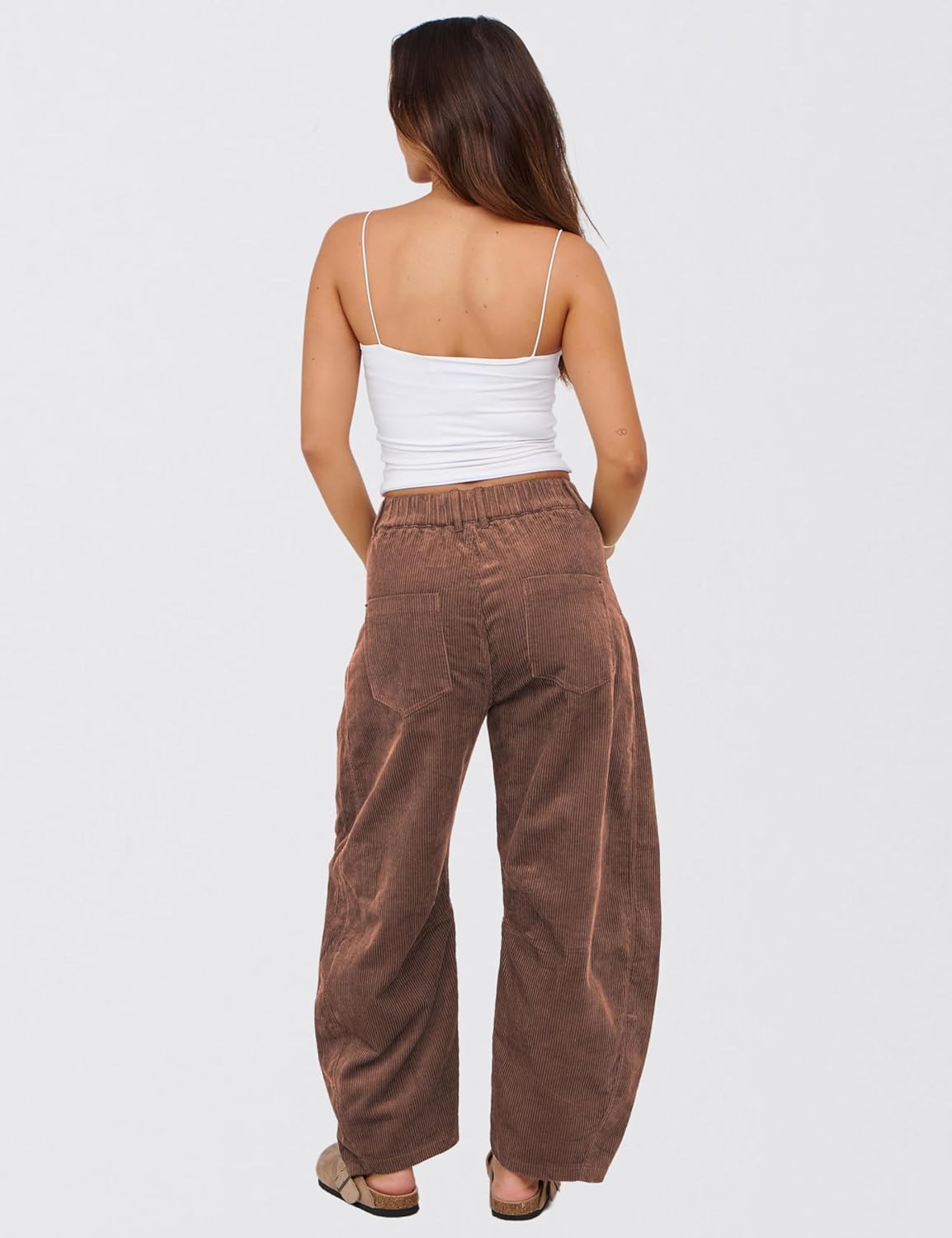 SeekMe Women's Corduroy Pants Barrel Mid-Rise Elastic Waist Cord Pants Casual Wide Leg Baggy Trouser with Pockets - Image 4