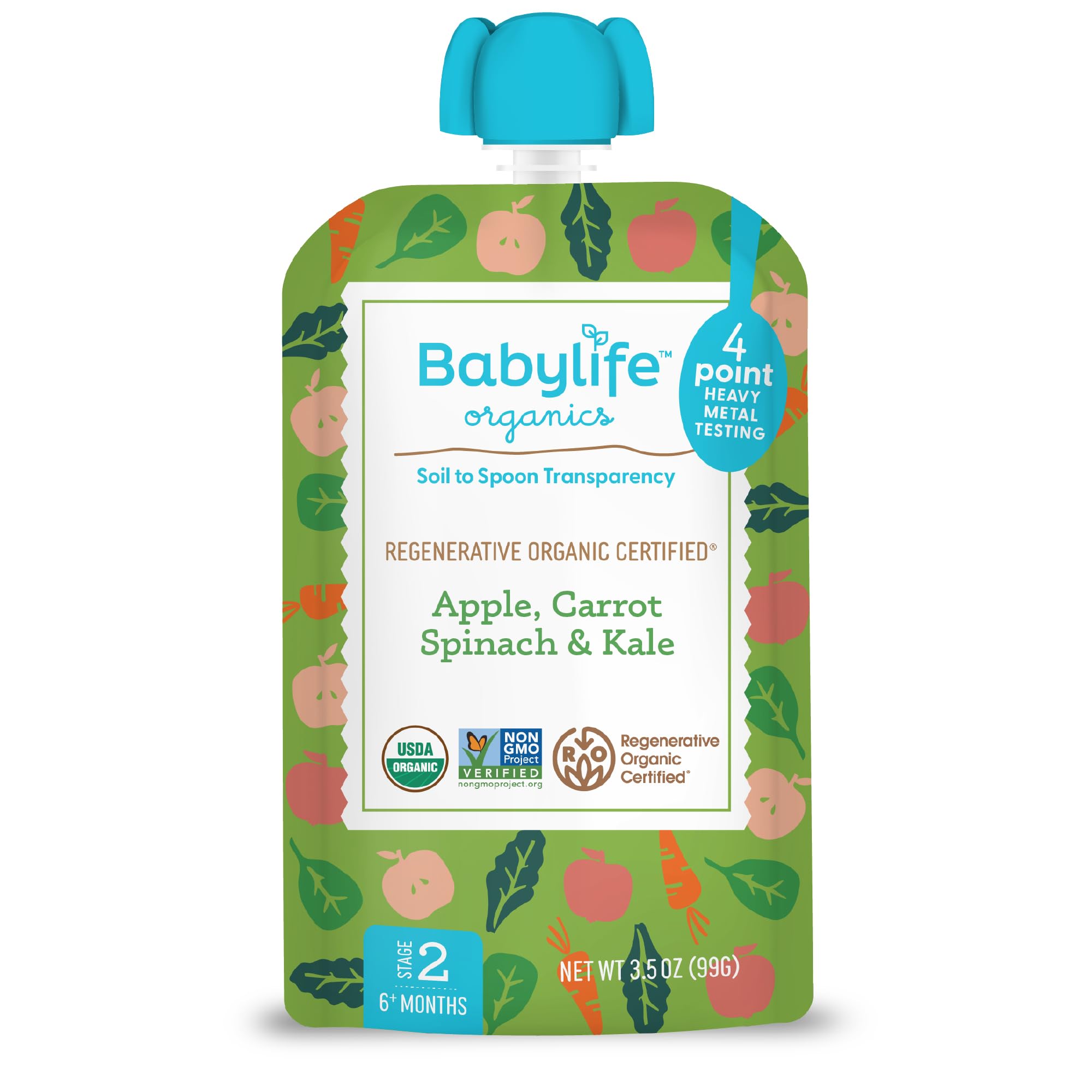 Babylife Organics Stage 2 - Apple, Carrot, Spinach & Kale, 3.5 Ounce Pouch (1 Pack) - Heavy Metal Safe, Organic Baby Food