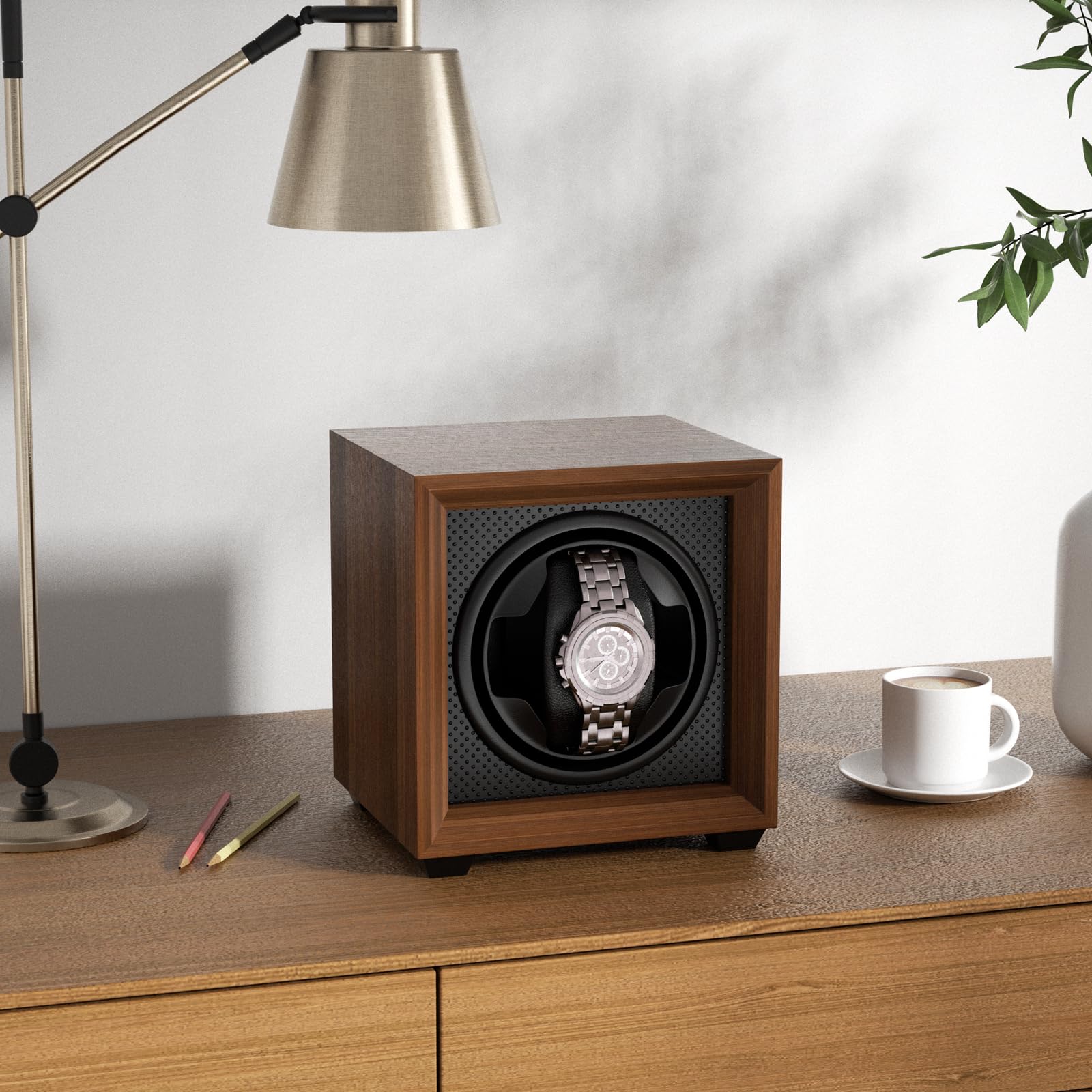 Newaner Caja para Dar Cuerda a Relojes mecánicos, automatico con Motor silencioso, 2 Ajuste Modos, Cuadrada y Color Nuez, con Puerto de Carga USB y Espuma viscoelástica