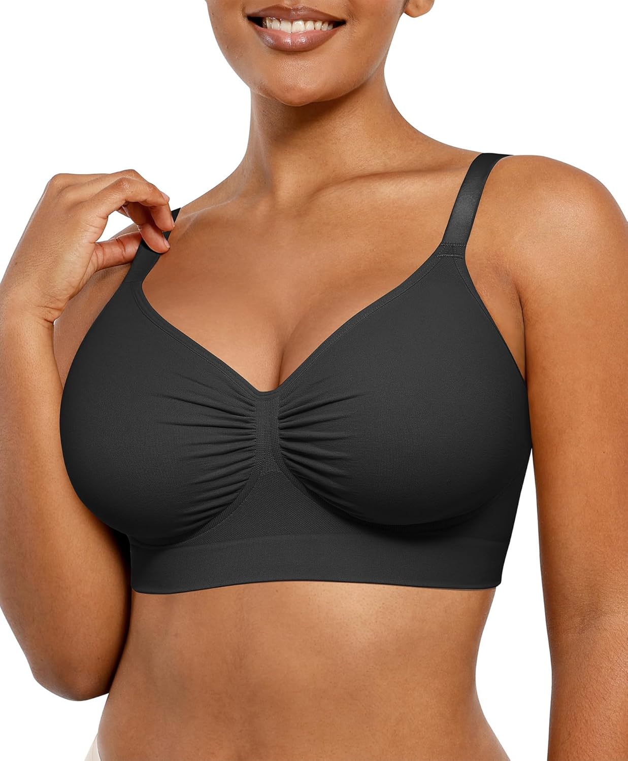 SHAPELLX Wireless Comfy Bra for Women Seamless Bra Non Padded Soft Bralette V Neck Everyday Bras with 4 Rows of Hooks