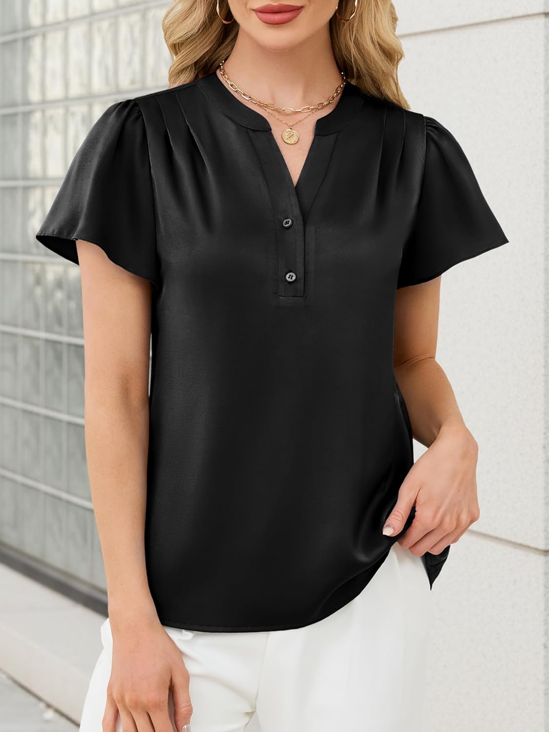 Funlingo Women's Silk Satin Tops Ruffle Short Sleeve Dressy Casual Blouses Summer V Neck Pleated Button Down Business Work Shirts 2026 Black 2XL - Image 2