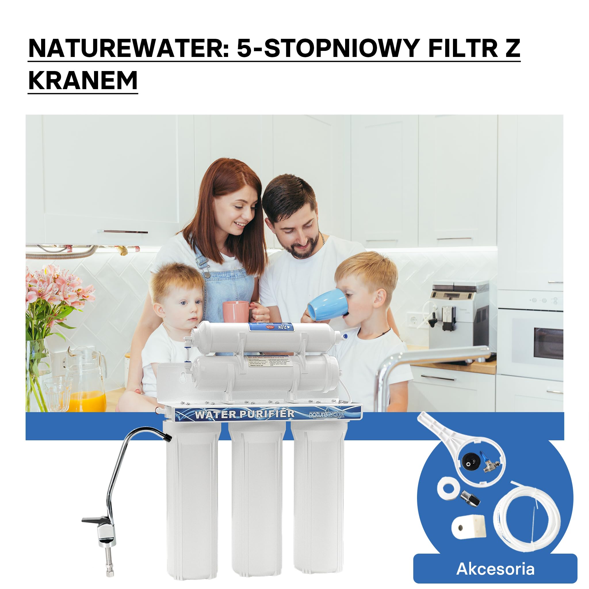 Naturewater NW-PR305 5-stopniowy filtr do wody, 5µ, wkład PP, uchwyt ścienny filtra pod zlewozmywak, klucz do filtra, filtr osadów z węglem aktywnym, kran, wąż 2,5m, krótki zawór trójdrożny kulowy