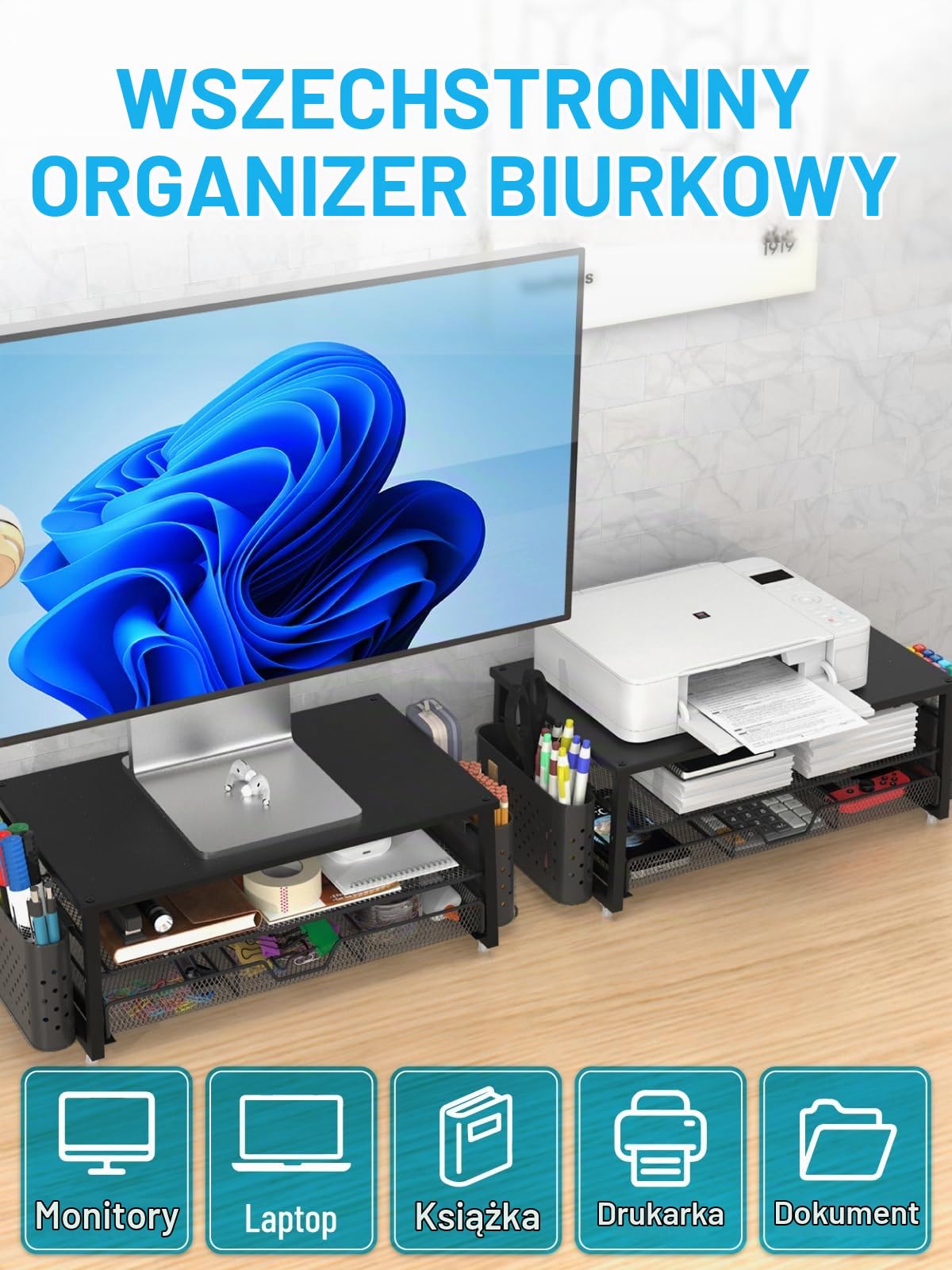 MOWETOO Stojak na monitor z 2 poziomami, stojak na drukarkę, rzutnik do 20