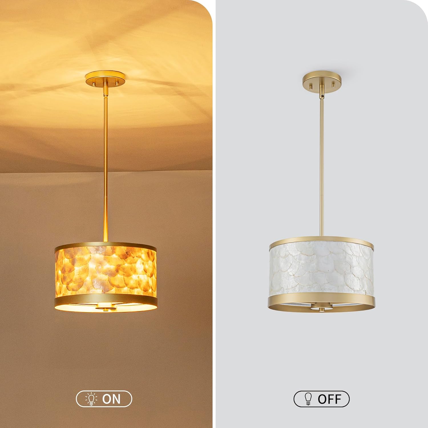 4-Light Drum Capiz Shell Chandeliers, Coastal Style Pendant Light Fixture for Dining Room, Living Room, Kitchen, D12*H16~46 inch (Adjustable Height), Shell Lampshade & Gold Finish Frame