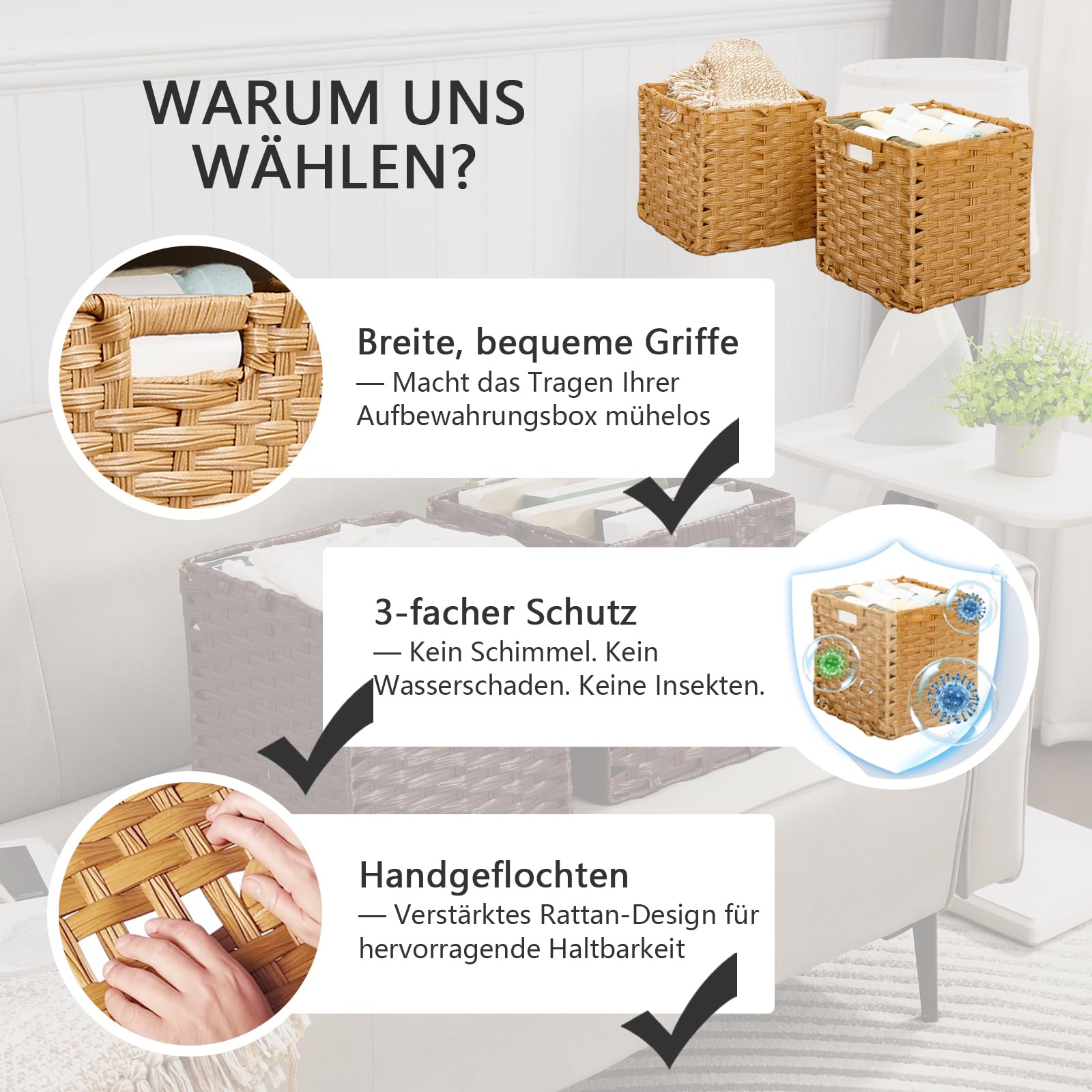 Mangata 31 cm große Aufbewahrungskörbe, Rattan-Effekt, geflochtenes Polyrattan-Material, Schrank-Organizer, 31 x 31 x 31 cm, Anti-Schimmel, leicht zu reinigen (Popcorn, 4 Stück)