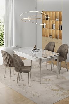 Rada Serisi 80x132 cm A labilir Beyaz Mermer Desen Masa, 4 Cappucino Sandalye, Krom Detay