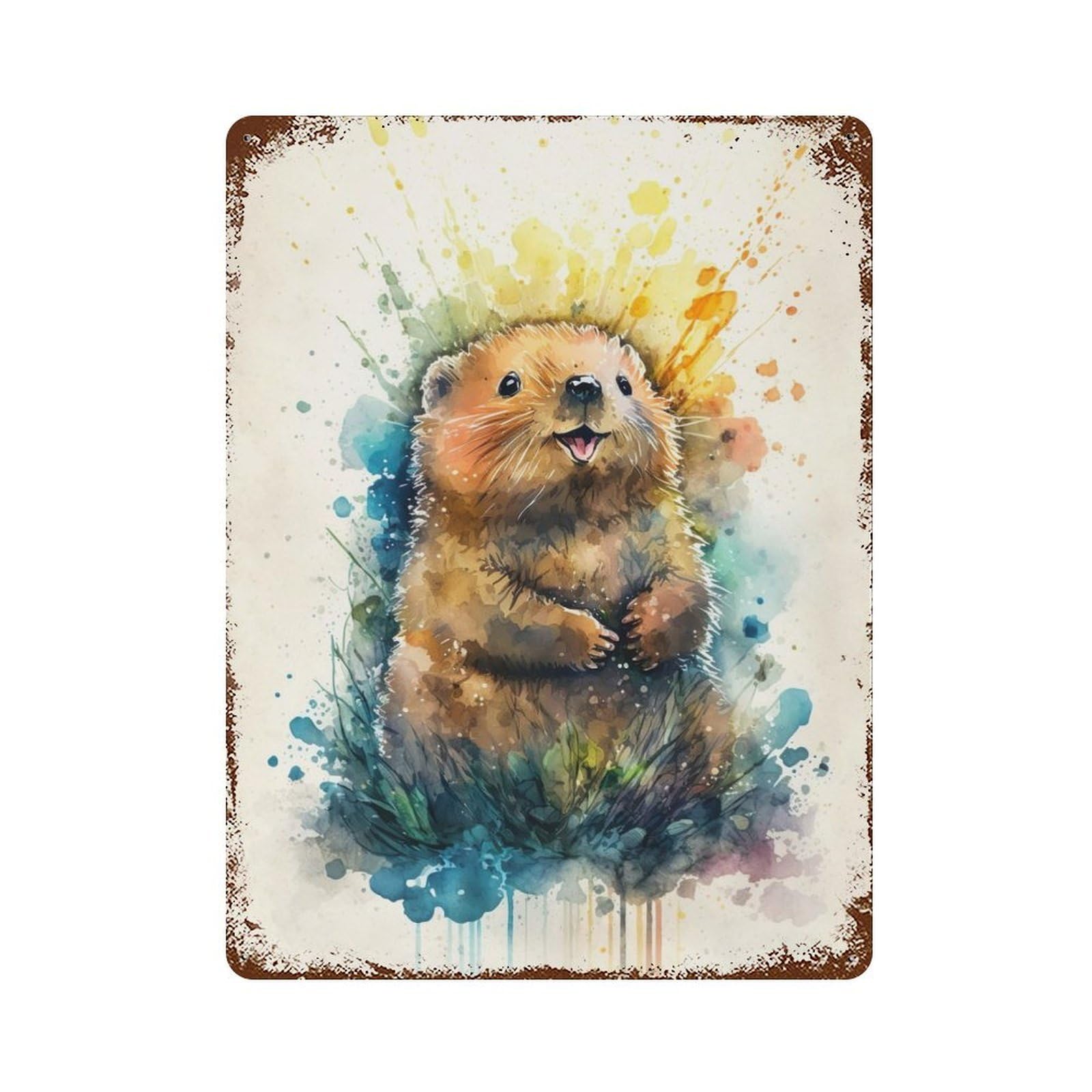 Beaver Watercolor Sketch Rust Effect Tin Sign 15.7"x11.8", Novelty Wall Decor for Garage, Pub Or Kitchen