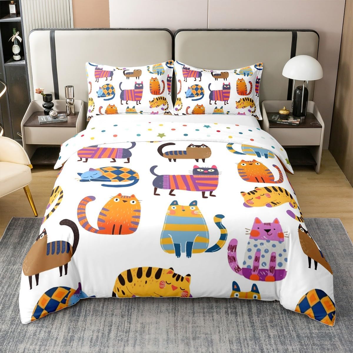 100% Cotton Cartoon Cats Kids Duvet Cover King Size 3 Pcs Colorful Stripes Decor Kitty Bedding Set for Boys Girls Teens Kawaii Cute Cat Graffiti Print Comforter Cover,2 Pillowcases(No Comforter)