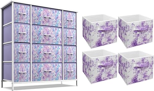 Miniatura 1 de Sorbus Cómoda de teñido anudado con 12 cajones + cubos de almacenamiento de 11 pulgadas de teñido anudado morado (paquete de 4)  Juego a juego