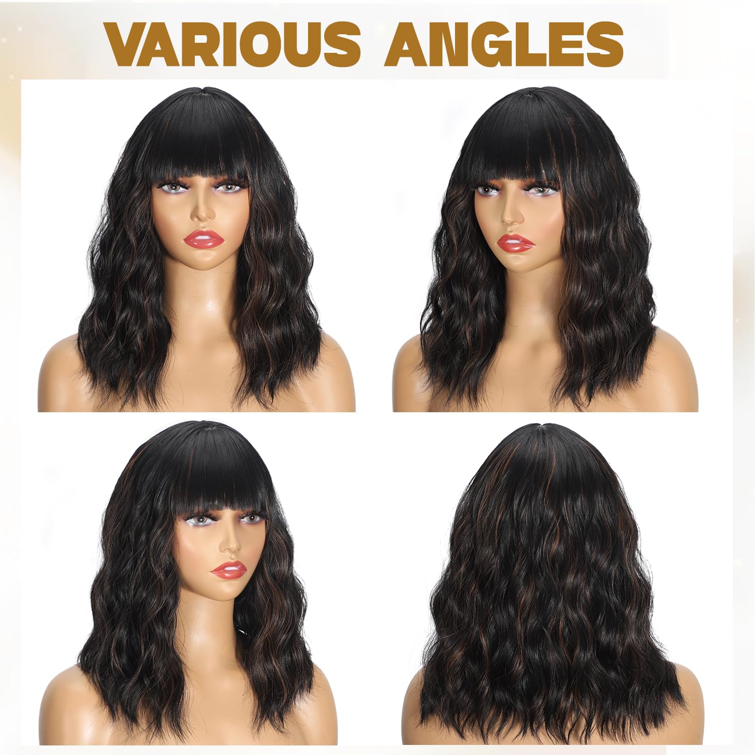 Black Mixed Brown Short Wavy Wig with Bangs 14 Inch Curly Bob Wigs for Women Natural Soft Heat Resistant Synthetic Wig for Daily Use & Party Halloween - Image 4
