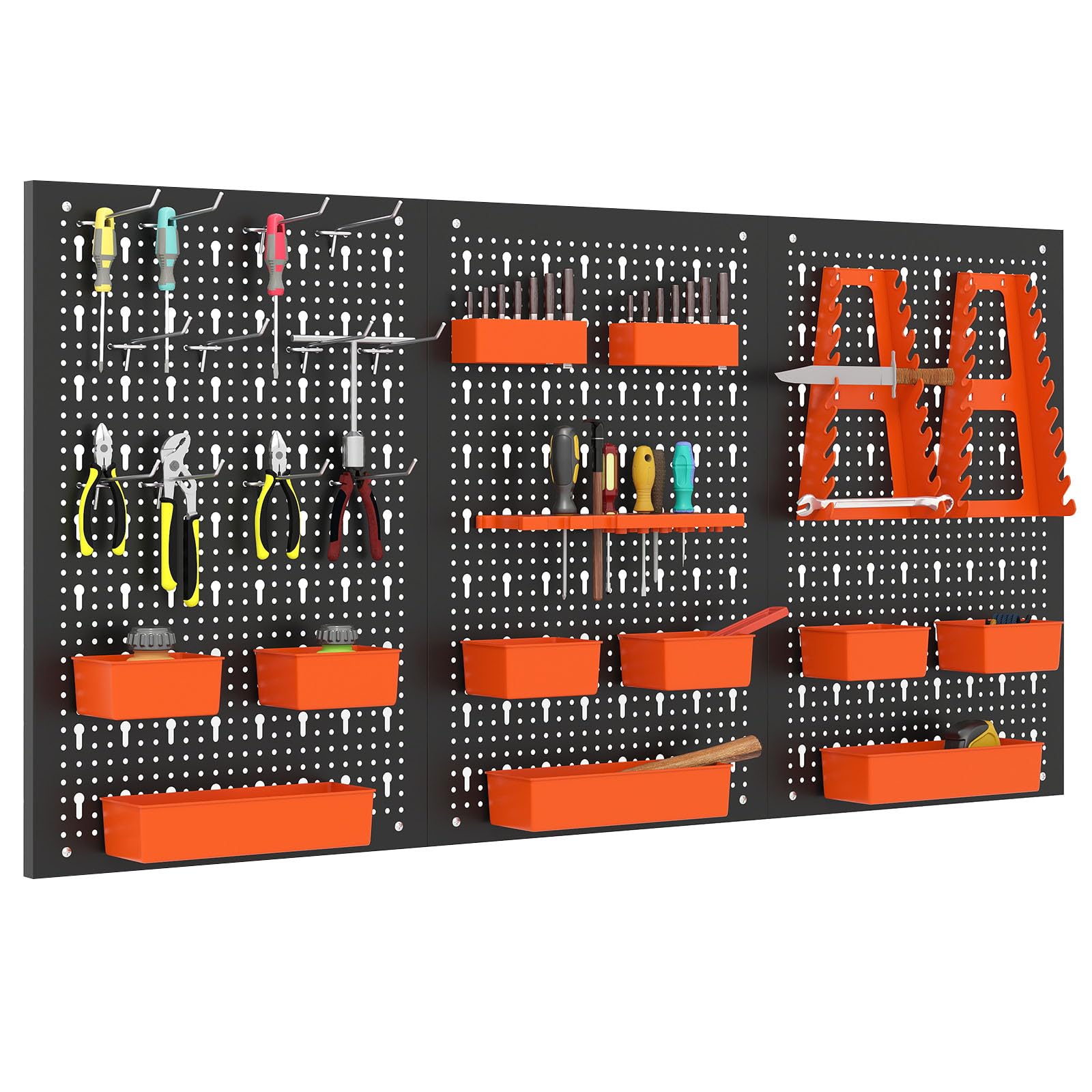 TANGZON Pegboard Organizer Kit, Wall-Mounted Metal Tool Rack with 3 Pegboards & Hanging Accessories, Multifunctional Tool Storage Holder for Warehouse Workshop Garage (Black+Orange, 26PCS Accessories)
