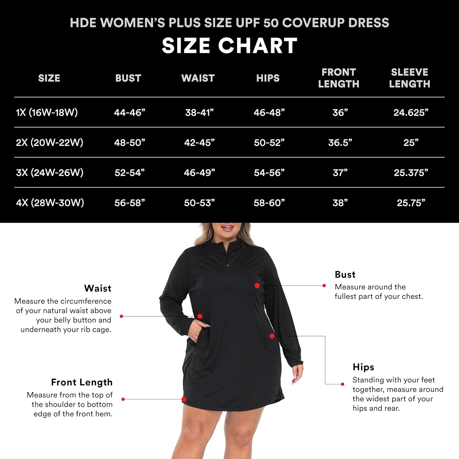 HDE Women's Plus Size Swim Coverup Dress with Hood UPF 50 Long Sleeve Cover Up - Image 3
