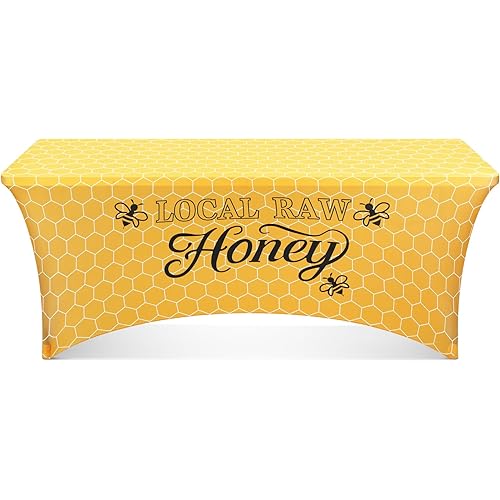 Oudain 6ft Local Raw Honey Stand Tablecloth Bee Themed Stretch Spandex Table Cover Bee Pattern Windproof Tablecloth for Honey Vendor Indoor Outdoor Rectangular Fitted Table Cover for Spring Party