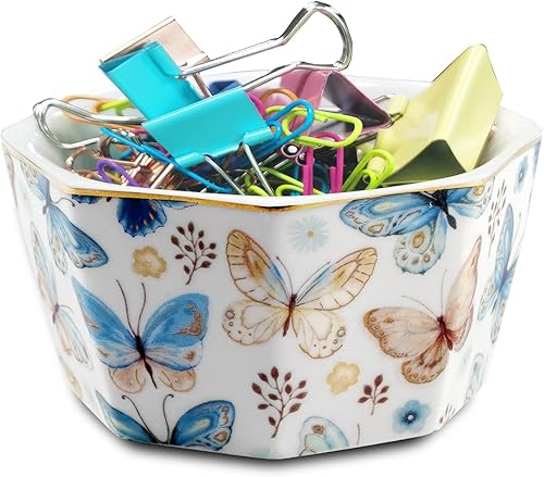 HOMSUN Soporte de clip de papel de cerámica para clips de papel geométricos, dispensador de clips de papel de línea dorada, organizador de clips de