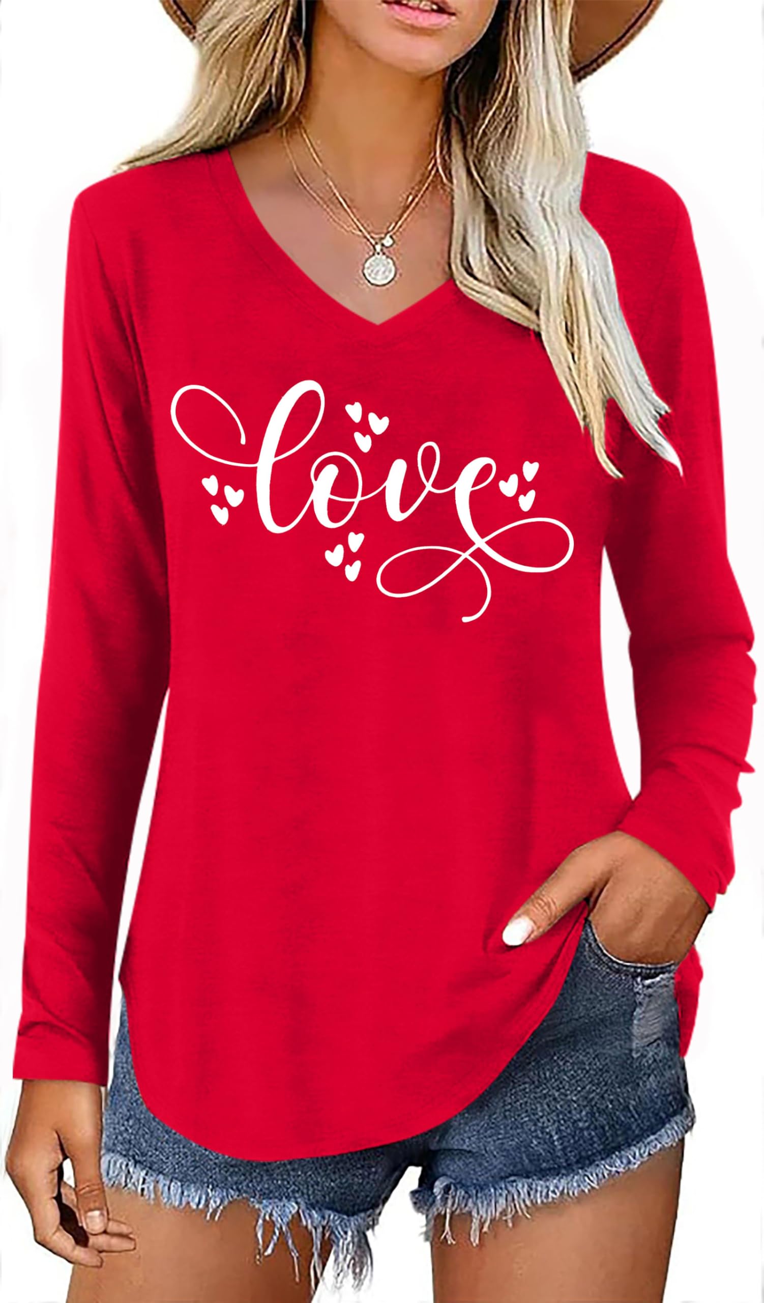 Valentines Day Shirt Womens Love Heart Graphic Shirts V-Neck Romantic Long Sleeve Casual Blouse Tee Top