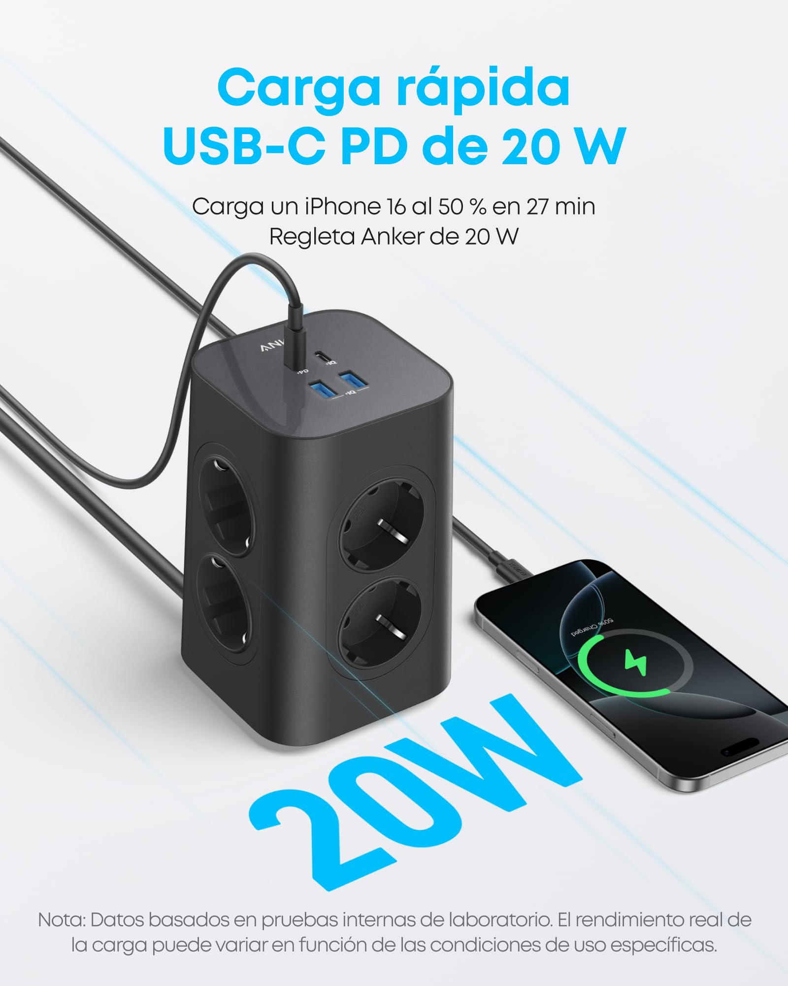 Anker Regleta de enchufes 12 en 1 con Protector contra subidas | 13 A, 2990 W, USB C 20W, 8 tomas CA, 4 puertos USB, cable de 2 m