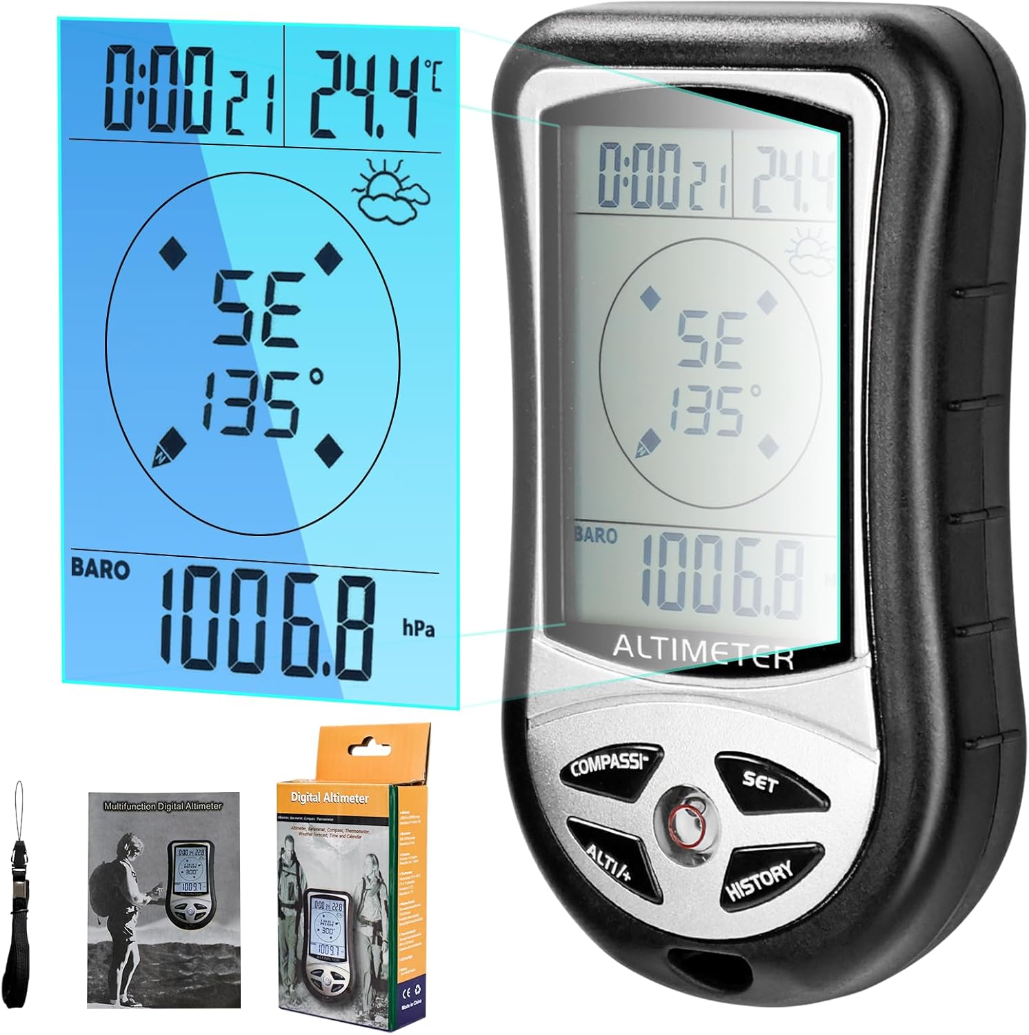Multifunction Digital Altimeter, Barometer, Digital Compass, Hiking Thermometer 8 in 1, Handheld Altimeter for Hiking Mountaineering -2300 to 29500FT 1100MBAR