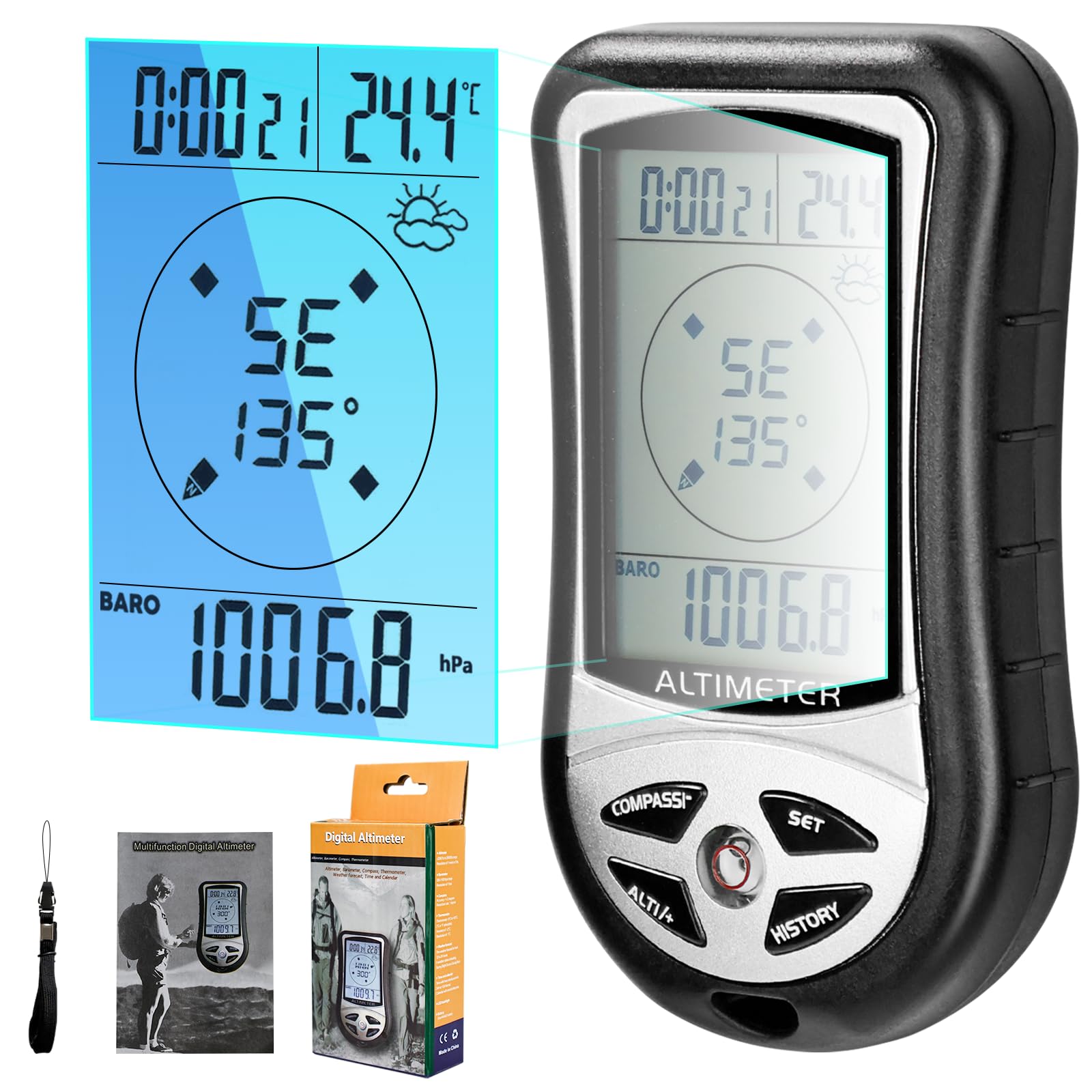 KooingTech Multifunction Digital Altimeter, Barometer, Digital Compass, Hiking Thermometer 8 in 1, Handheld Altimeter for Hiking Mountaineering -2300 to 29500FT 1100MBAR