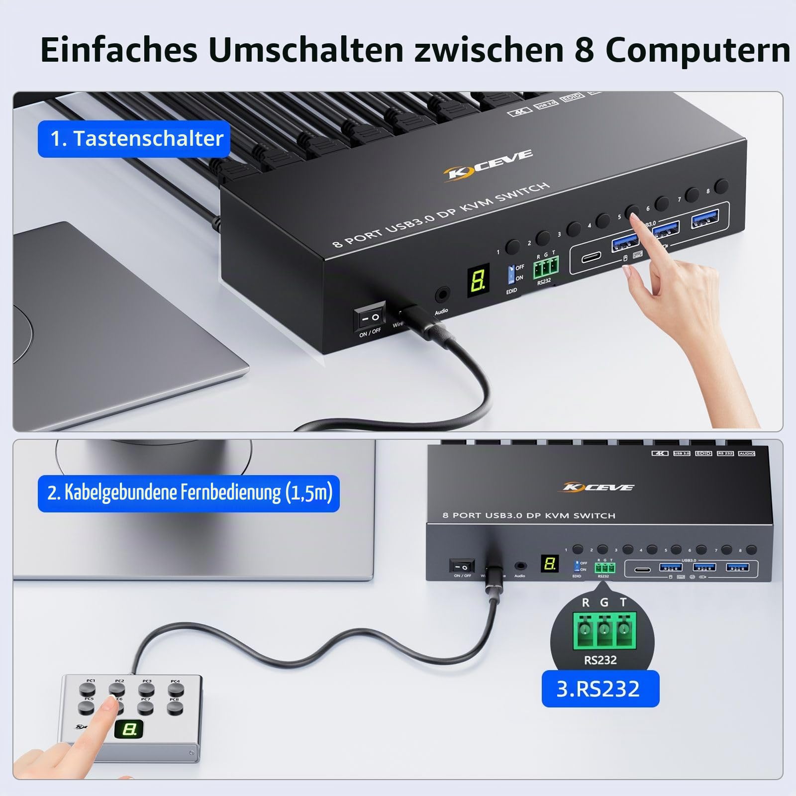 8 Port KVM Switch 2 Monitore HDMI Displayport 4K@60Hz EDID-Simulation, 8 PC Dual Monitor KVM-Switches con 4 USB 3.0 Ports für Tastatur Maus, Audio,RS232,mit Controller,12V Power und 8 USB-Kabeln