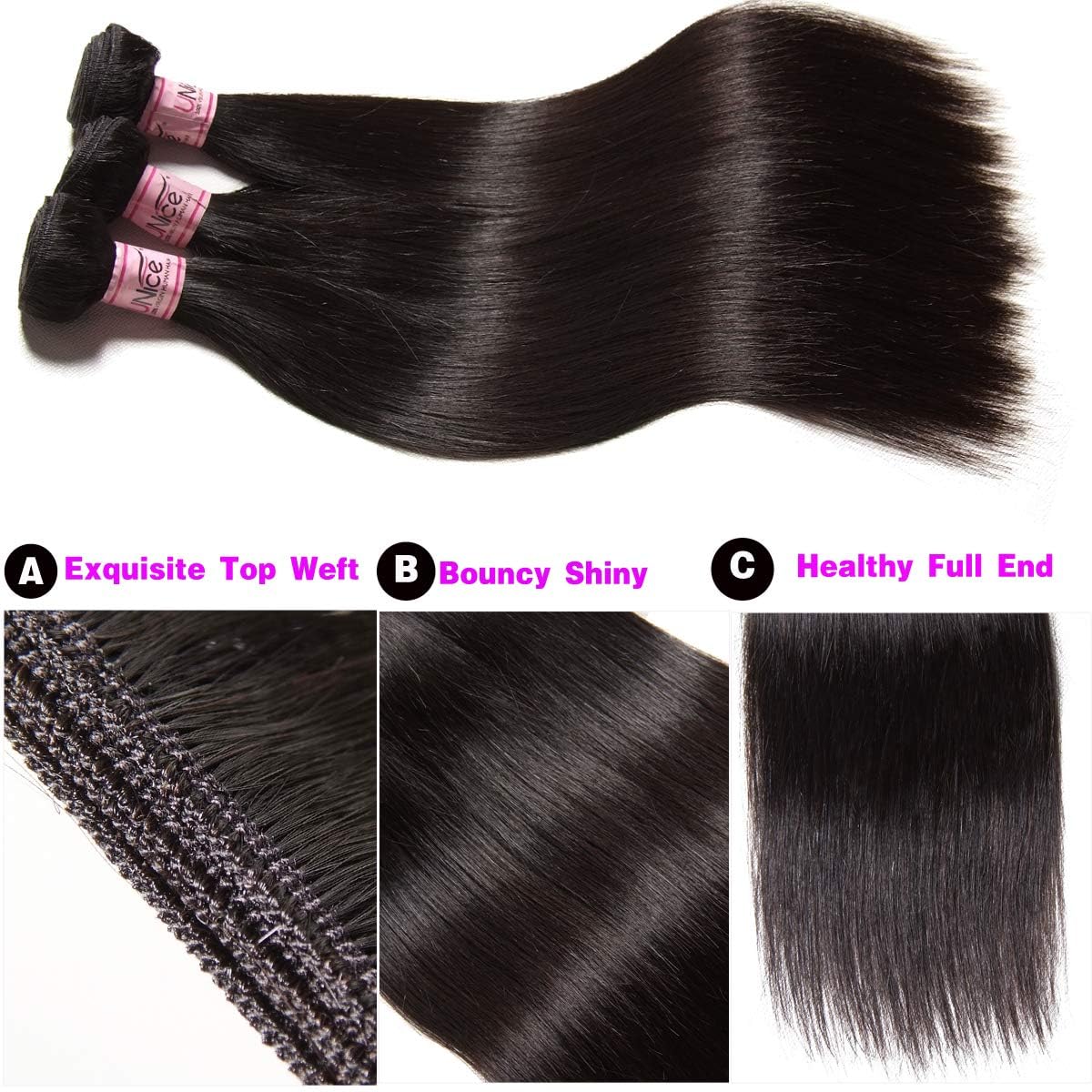 UNICE Hair 10A Malaysian Straight Human Hair 3 Bundles Unprocessed Virgin Human Hair Weave Extensions (16 18 20 inch)