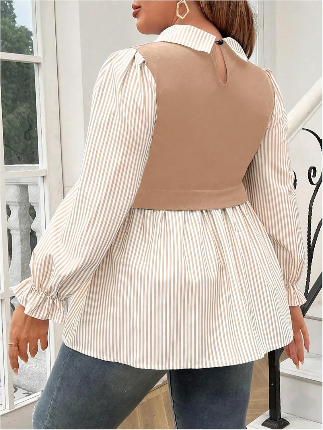 GORGLITTER Women's Plus Size Tops Casual Peplum Baby Doll Long Sleeve Tops Button Down Striped 2 in 1 Collared Tops - Image 2