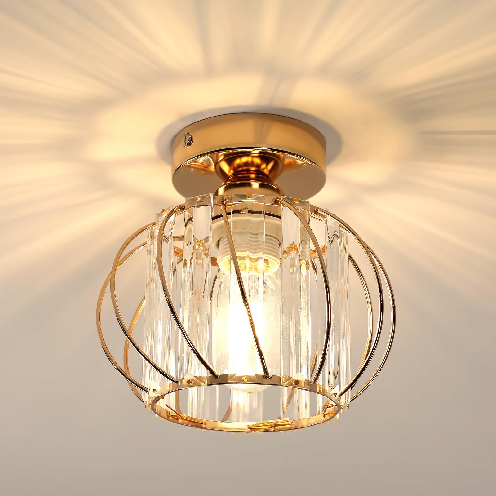 Goeco Lámpara de Techo de Cristal Dorado, E27 Plafón de Techo Moderna Industrial Vintage con Pantalla en Forma de Jaula para Entrada Pasillo Dormitorio Salón, Bombillas no incluidas