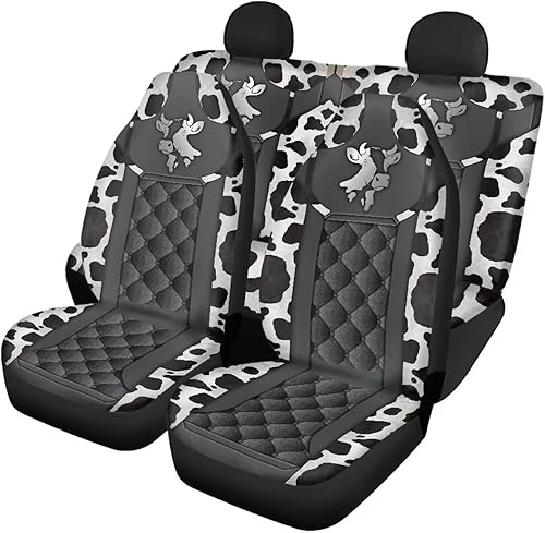 Howilath Juego completo de 4 fundas de asiento de automóvil con estampado de vaca, protector de banco dividido delantero y trasero, ajuste universal