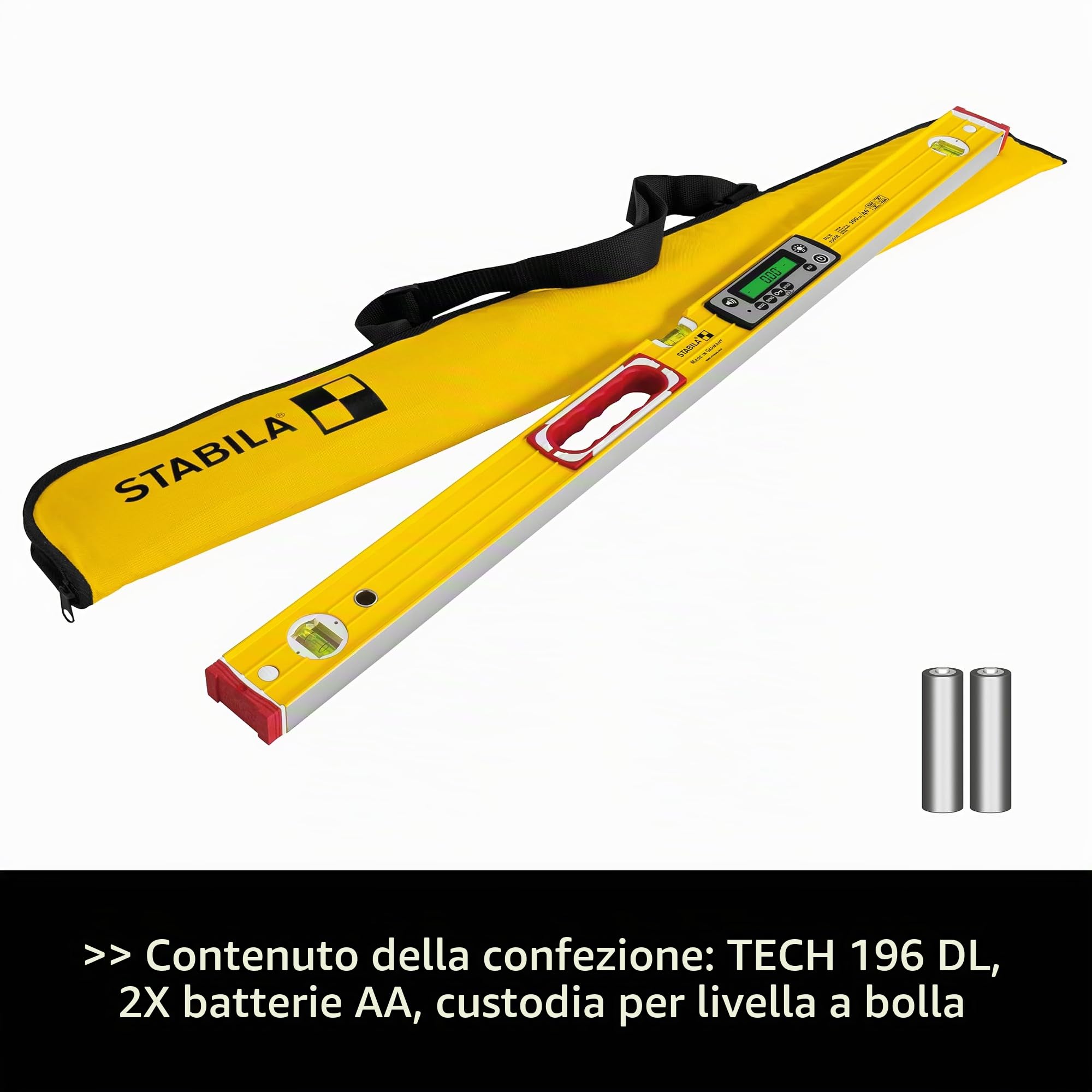 STABILA TECH 196 DL - Livella a bolla elettronica, impermeabile e antipolvere secondo IP 67, 2 display digitali, senza calibrazione, con custodia, 100 cm