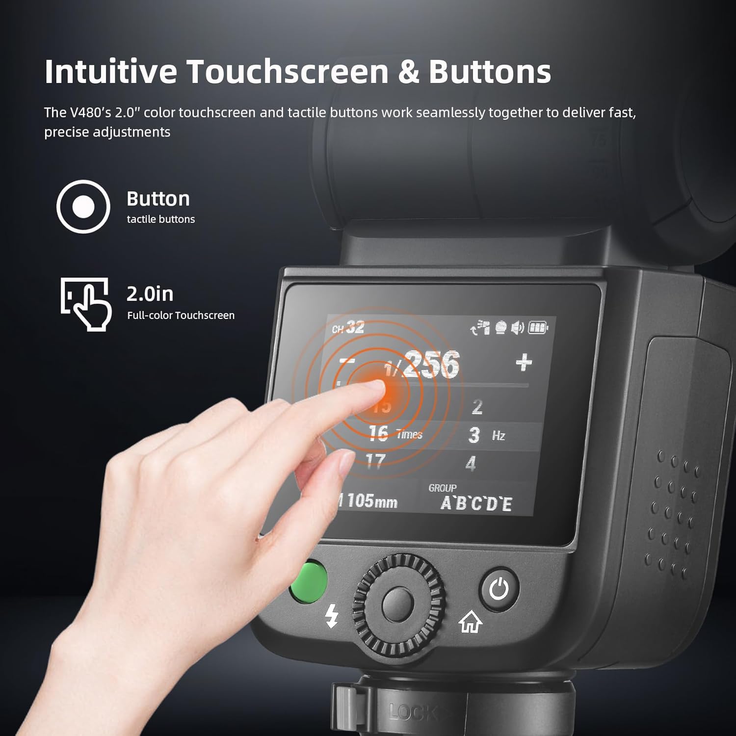 GODOX V480N touchscreen interface with finger interacting