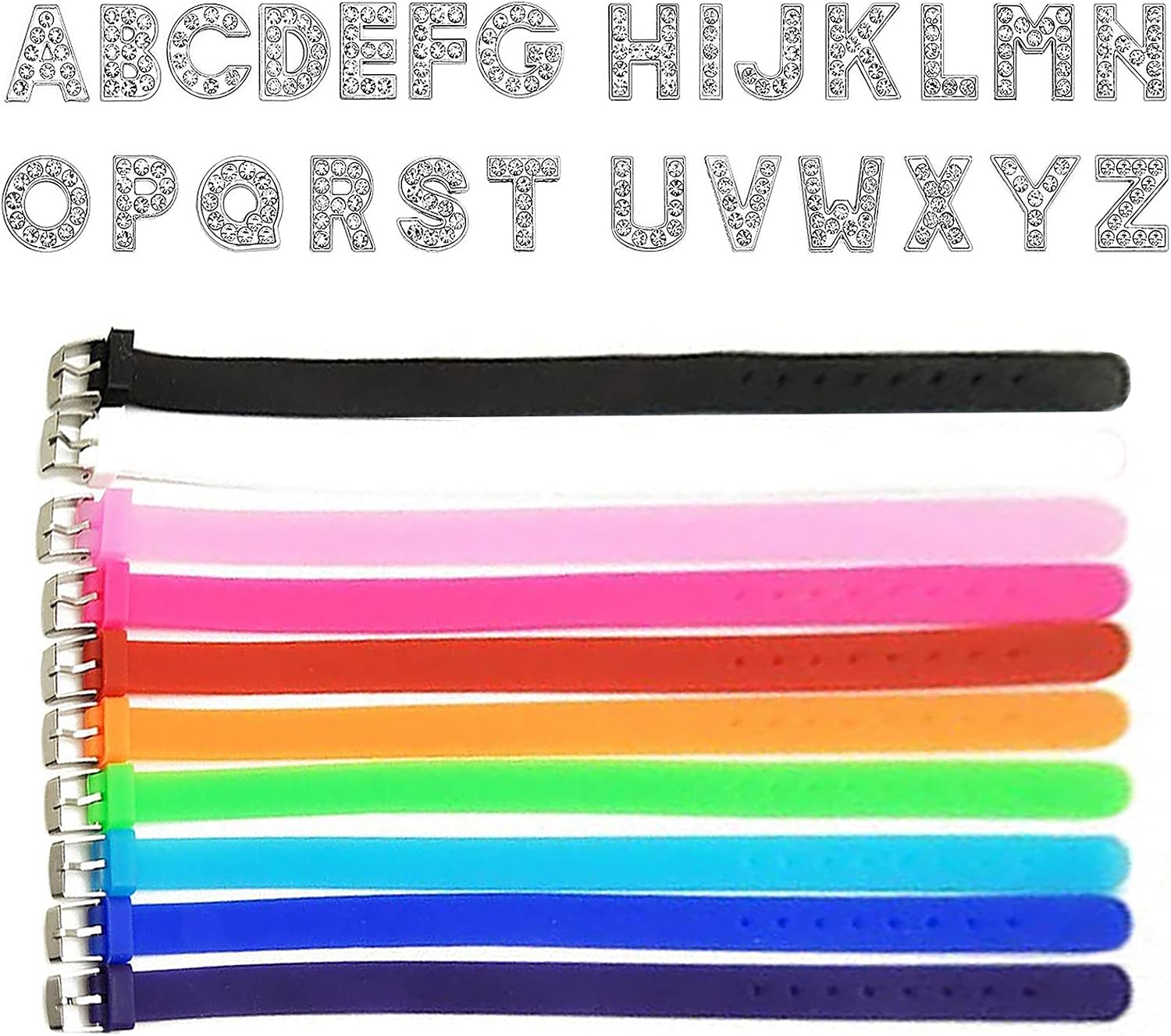 RJWKAZ 26 Pcs 8mm Charms Letters A-Z Letters Rhinestone Charms and 10 Pcs 8mm Mix Colors Adjustable Blank Silicone Bracelet Strap Wristbands DIY Supplies (26 A to Z Letter+10 Silicone Band)