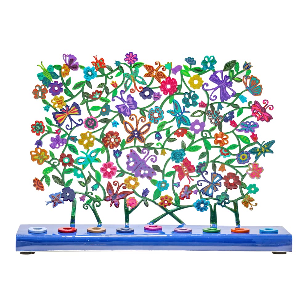 Emanuel Flowers & Butterflies (Hay-3) Yair Menorah For Hanukkah | Colorful Hand Painted Design | Judaica Gift (Flowers & Butterflies (Hay-3))