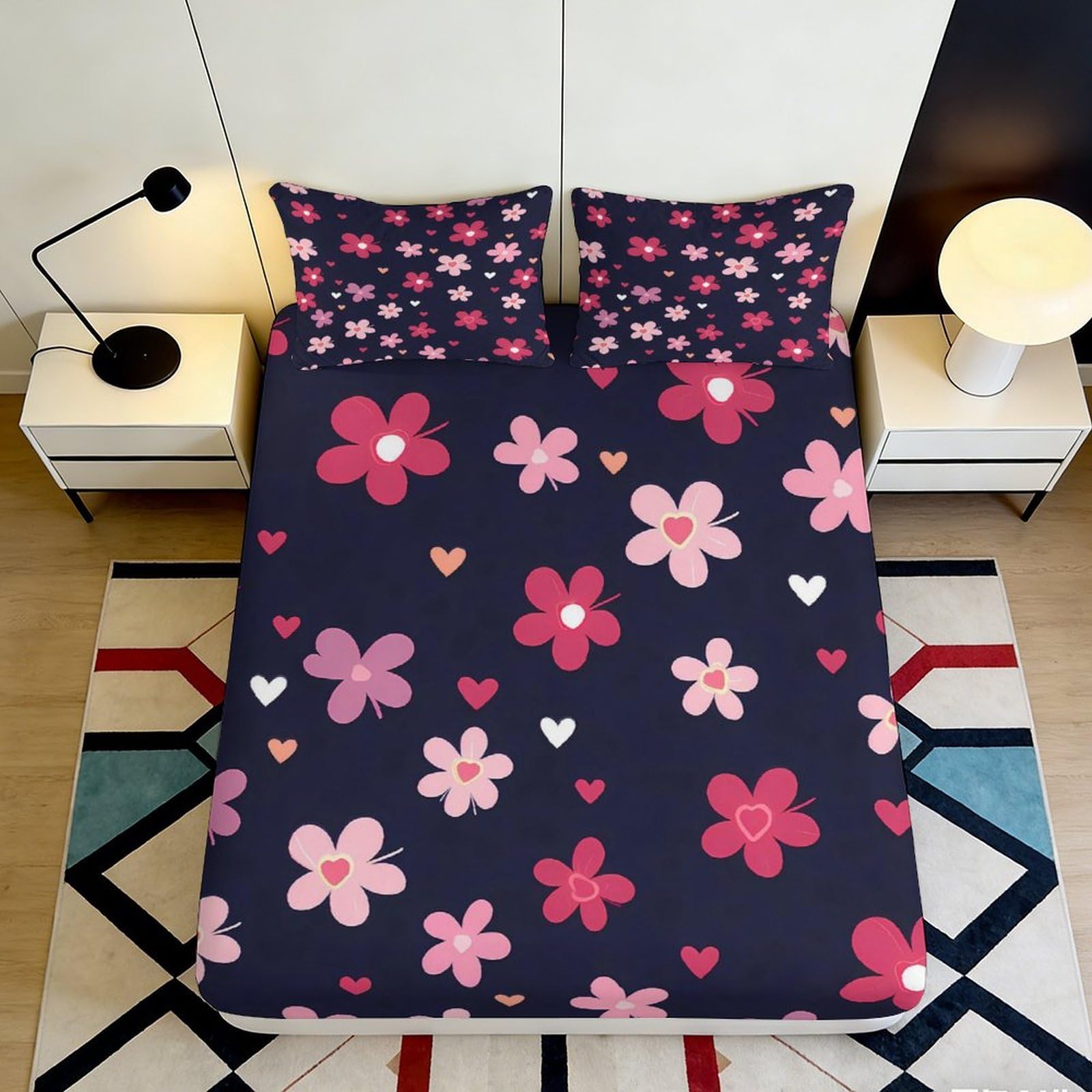 3D Printed Floral Heart Fitted Sheet Microfiber Soft Navy Bed Cover Bedroom Guestroom Decor Mattress Protector 90x200x25cm