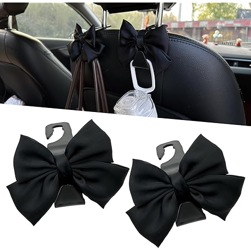 Downhill 2 PCS Car Seat Headrest Hooks, Cute Bow Seat Headrest Hook, Car Purse Hook, Universal Car Interior Hanging Storage Accessories, for Wallets Handbags and Umbrellas (Black)