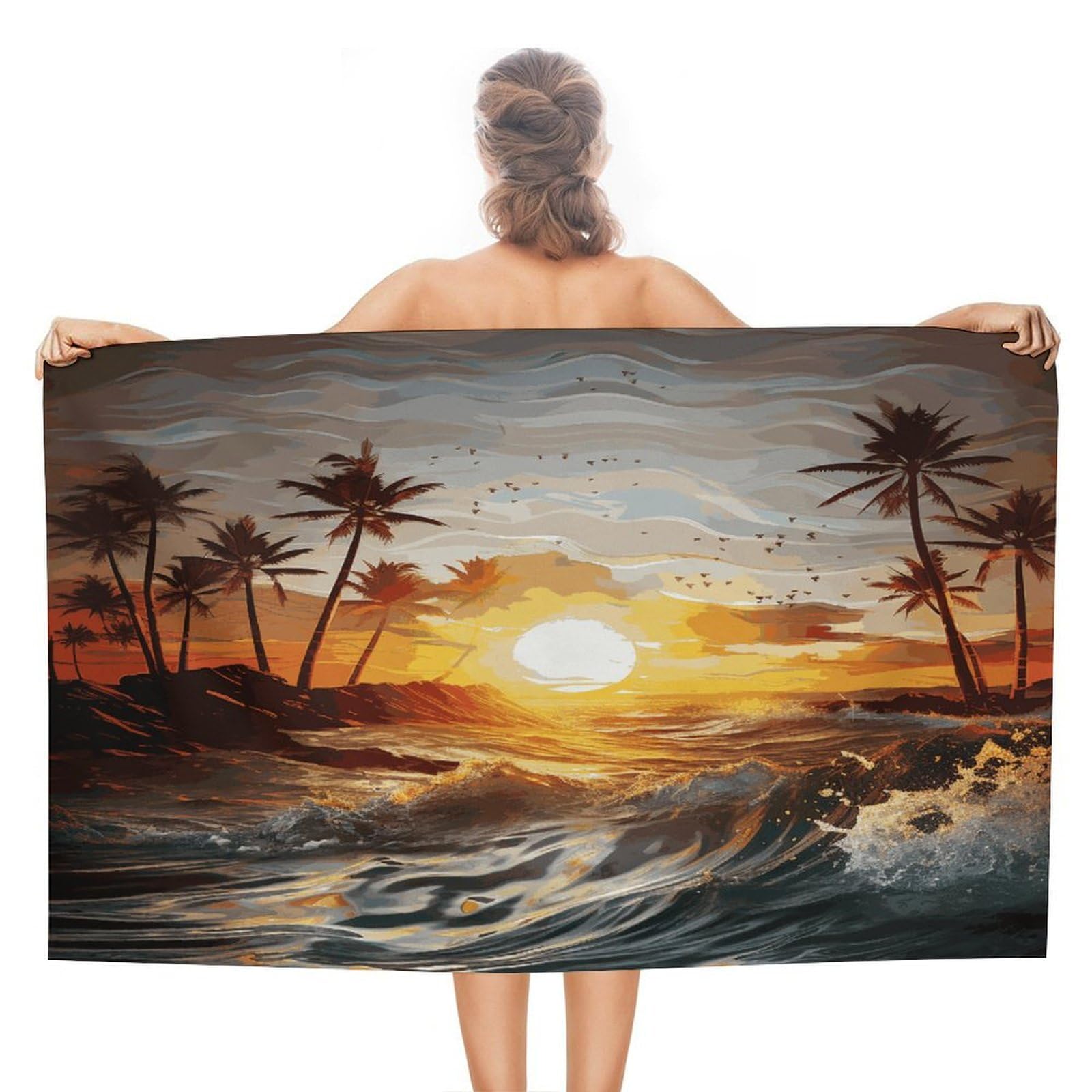 VstaDank Palm Trees Ocean Waves Sunset Bath Towel Stylish Double-Faced Pile Travel Towel Soft Absorbent Beach Towel for Pool Swim Sports Camping Adults Gift 51X31 Inch