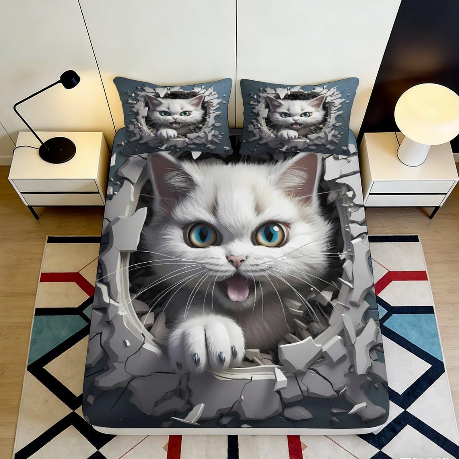 3D Printed Cute Cat Fitted Sheet Microfiber Soft Breathable 3D Printed Playful Kitten Mattress Cover for Bedroom Dormitory Guest Room Mattress Protection 180x200x25cm