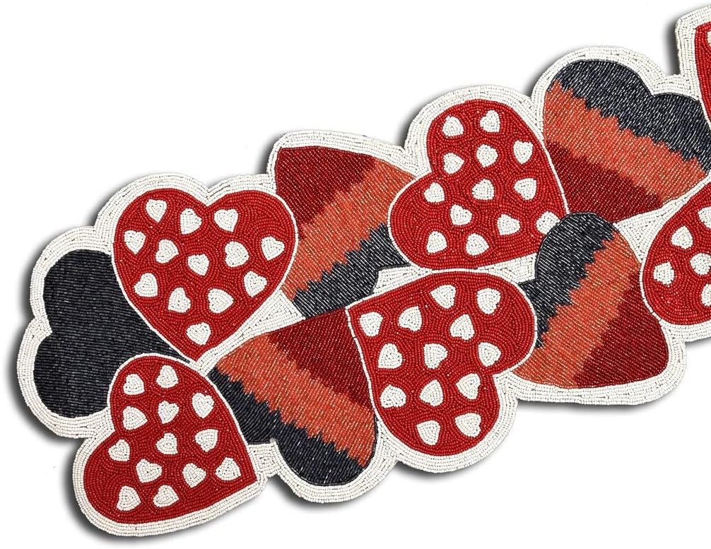 Valentine's Day Table Runner, Handmade Beaded Table Runner, Hearts Design Table Topper 13X36 Inch
