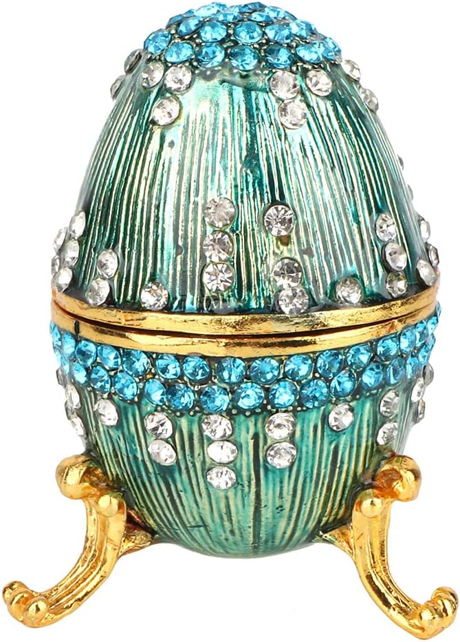 Vintage Enameled Faberge Egg Jewelry Trinket Box, Hand Painted Faberge Egg Jewelry Box with Rhinestones Hinged Collectible Figurines for Ring, Earrings