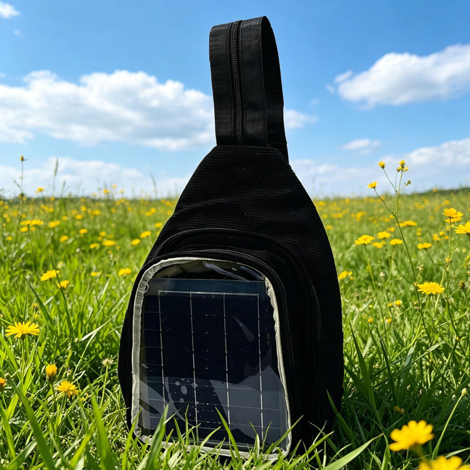Fdit Zaino con Pannello Solare Monocristallino da 20 W, Zaino con Caricatore Solare Nero con Porta USB per Adulti, Viaggi All'aperto, Campeggio, Escursionismo