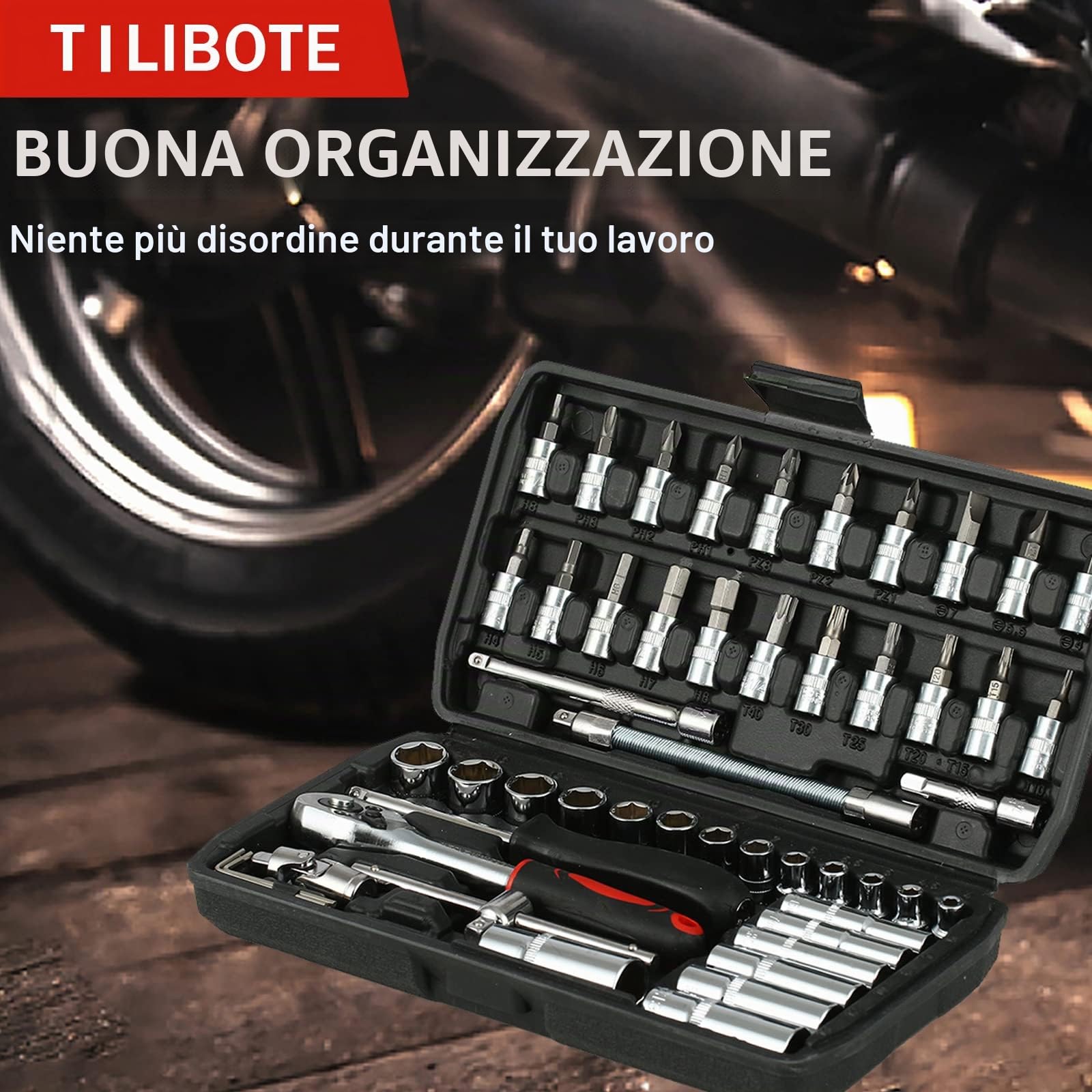 TILIBOTE - Set di chiavi a bussola, 53 pezzi, set di chiavi a cricchetto da 1/4 di pollice e barra di estensione per barra cardanica, set per riparazioni automobilistiche e uso domestico